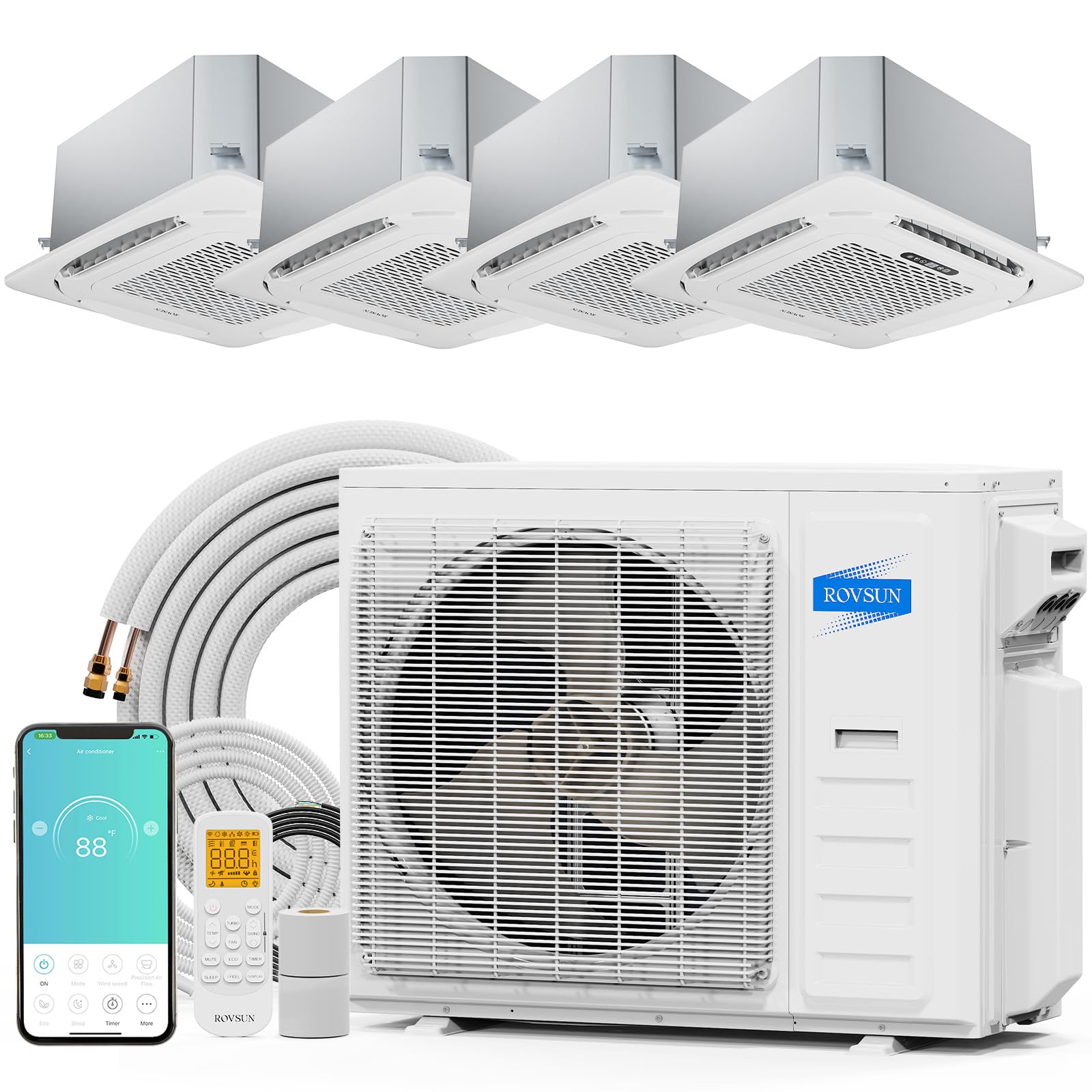 ROVSUN 4 Zone 38000 BTU / (9K + 9K + 12K + 12K) 20 SEER2 230V Ceiling Cassette Mini Split AC with Heat Pump & 25Ft Kit