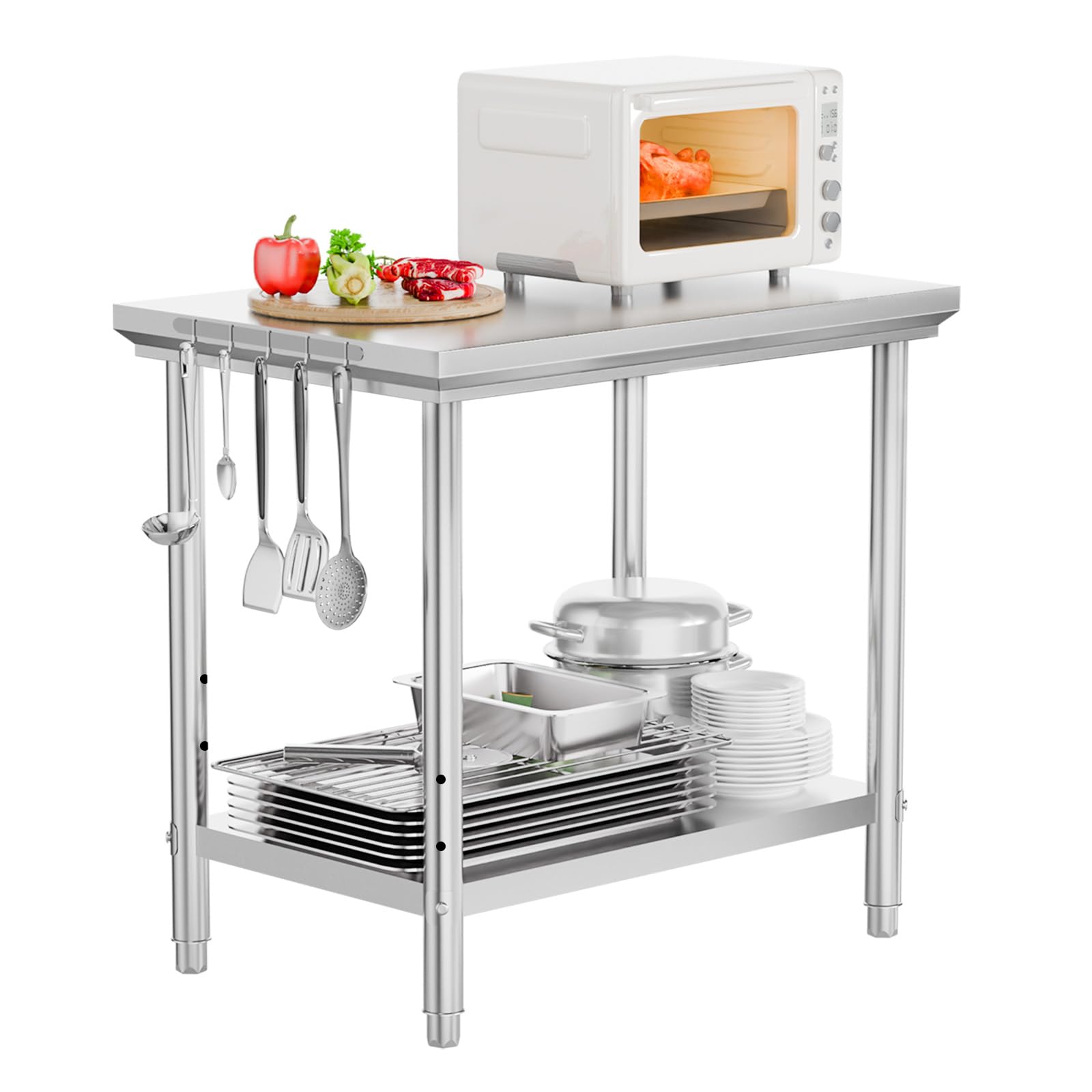 ROVSUN 36" x 24" Stainless Steel Table with Hooks & Undershelf
