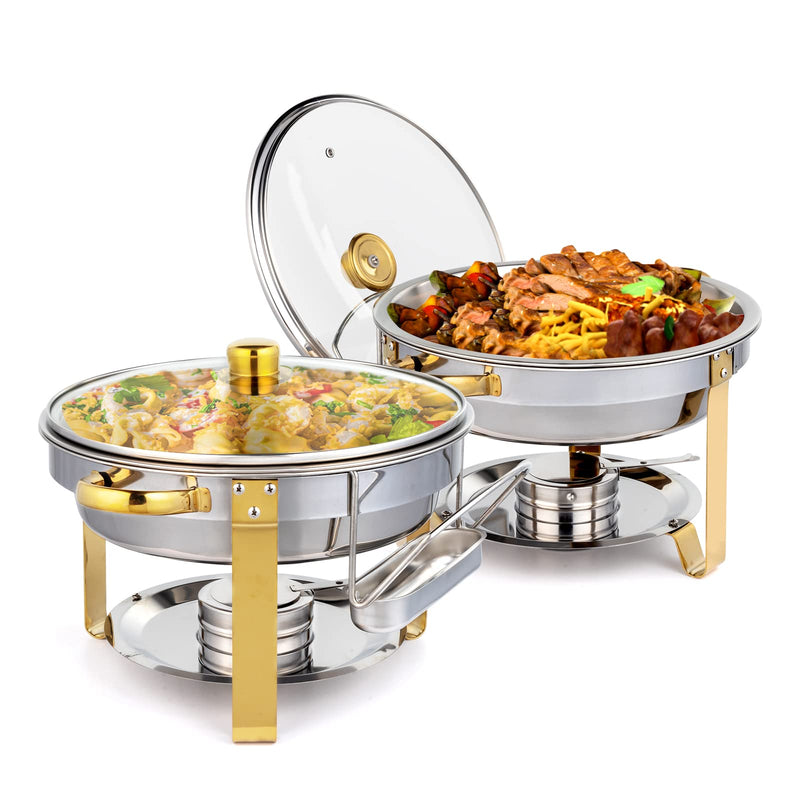 ROVSUN 5 QT Round Chafing Dish Buffet Set Gold Accent Warmer Chafers with Glass Lid & Lid Holder 2/4/6 Packs