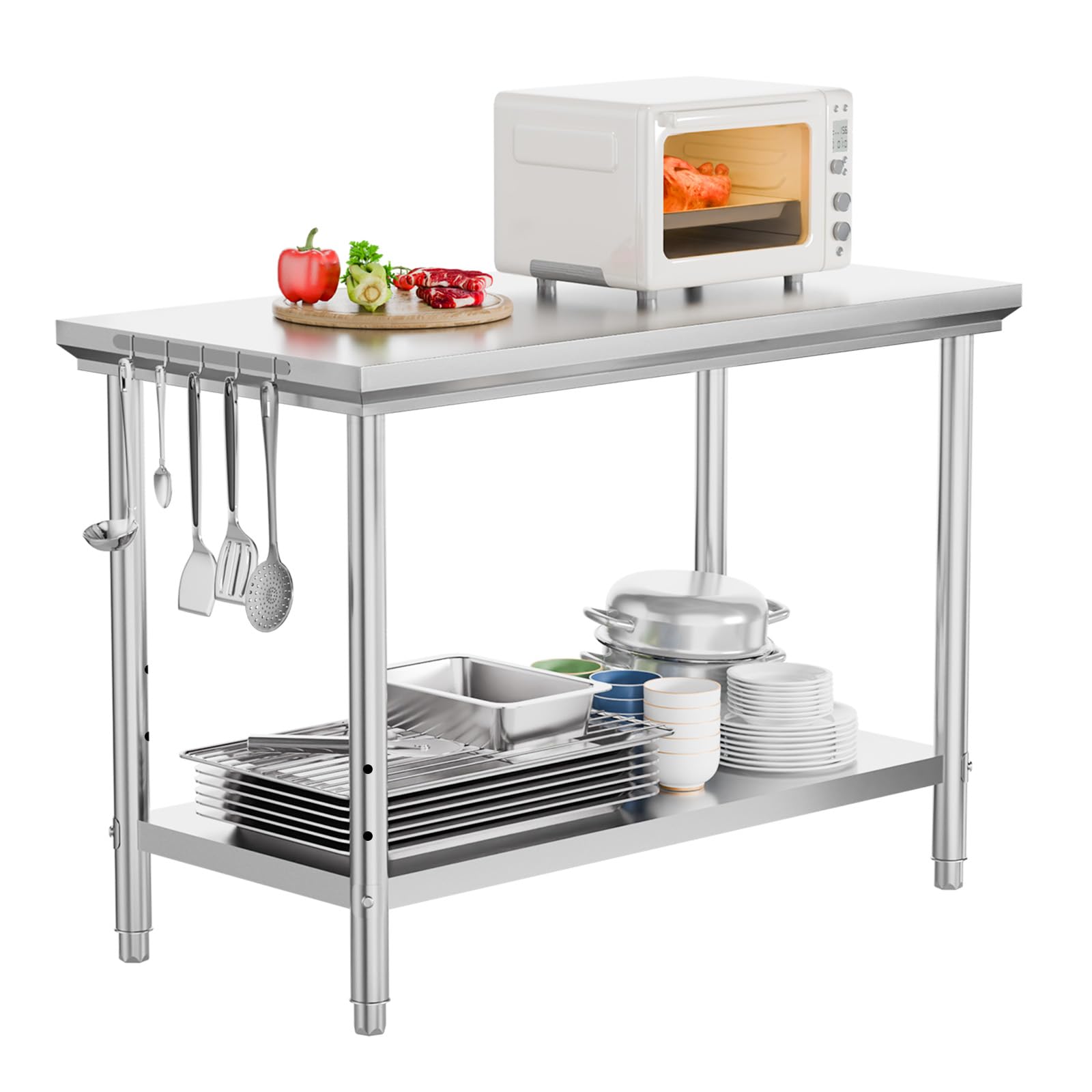 ROVSUN 48" x 24" Stainless Steel Table with Hooks & Undershelf
