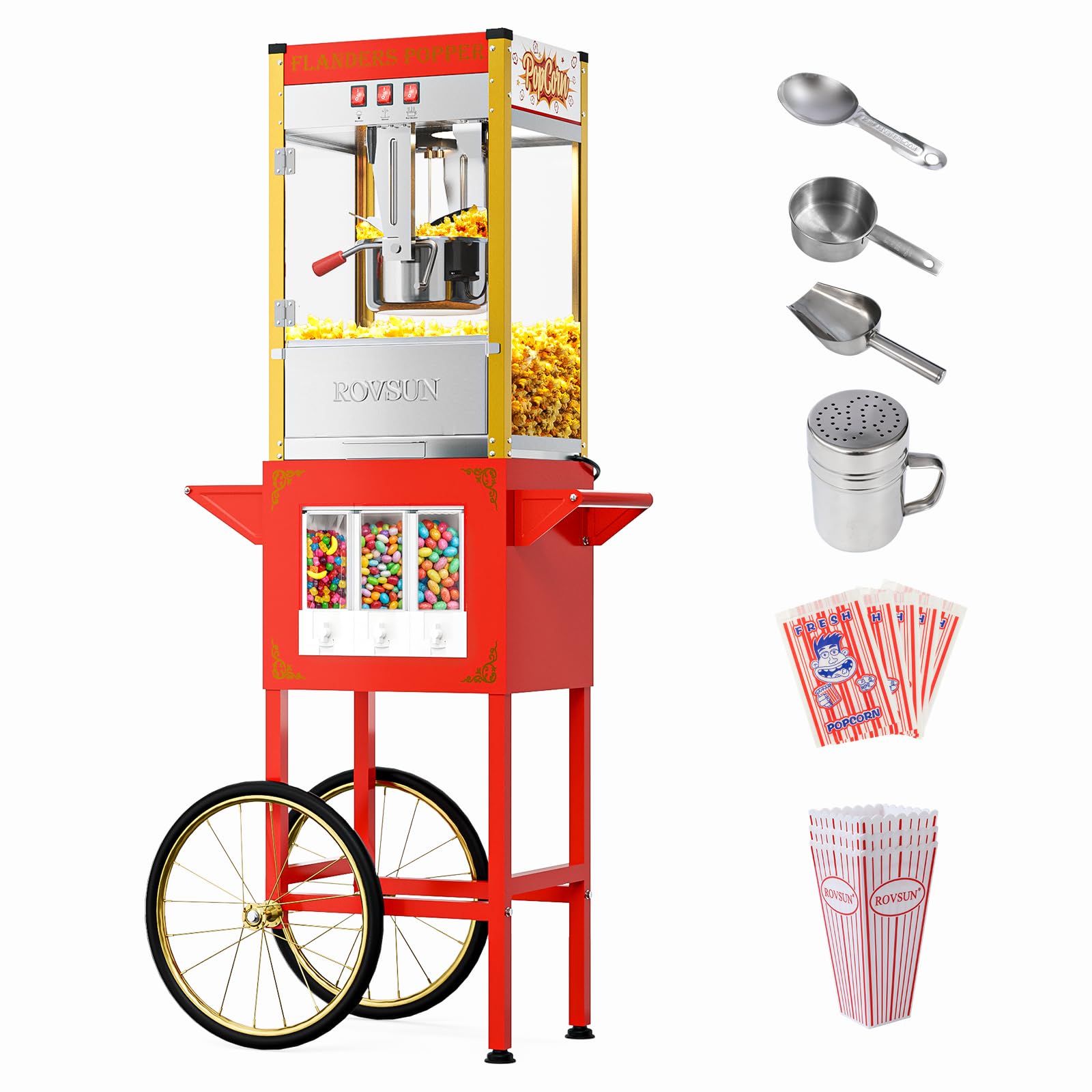 ROVSUN 10 oz Kettle 800W 120V Popcorn Machine Cart with Candy Dispenser Red