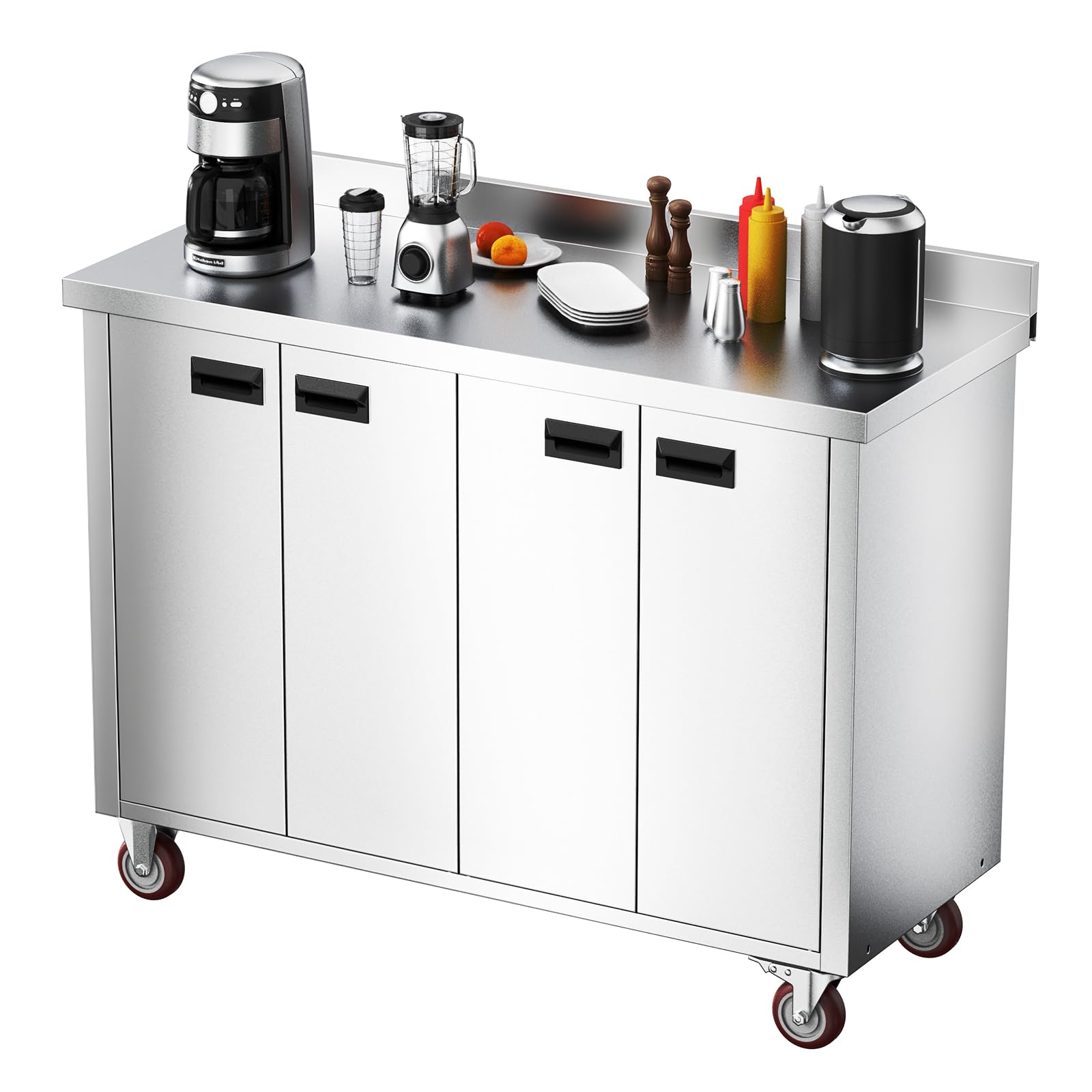 ROVSUN 47" x 19" Stainless Steel Table with Cabinet & Wheels