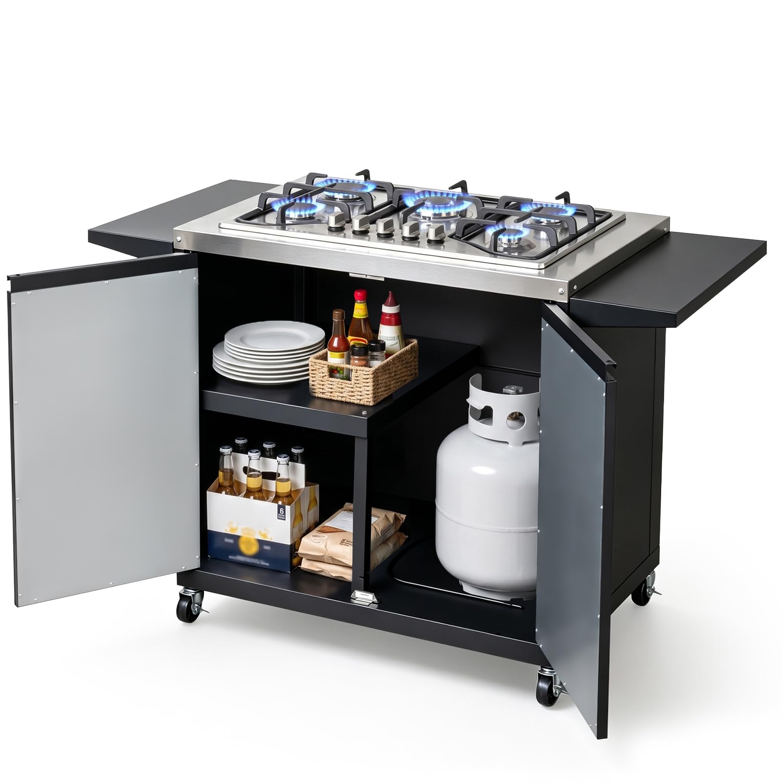 ROVSUN 5 Burner Propane Stove with Storage Cabinet & Side Shelves