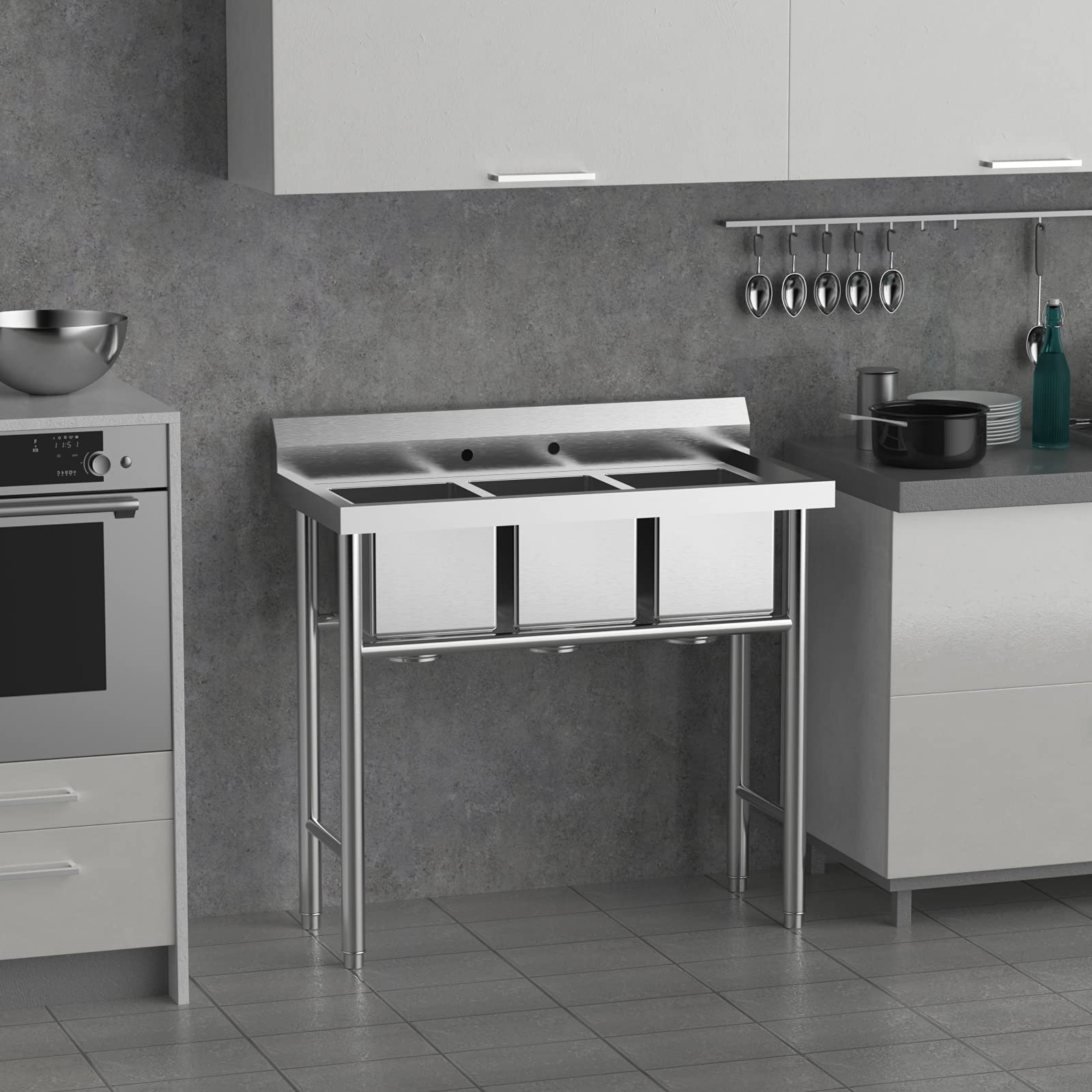 ROVSUN 39" x 18" 3 Compartment 304 Stainless Steel Sink Kitchen Restaurant
