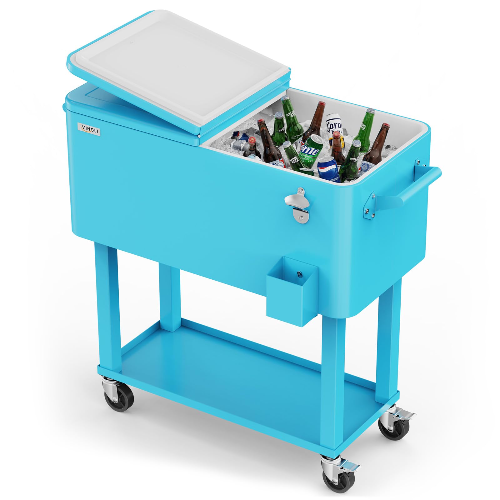 80 Quart Portable Outdoor Patio Rolling Cooler Cart Light Blue