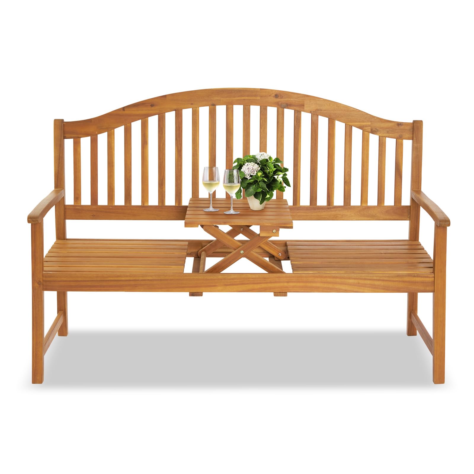 59" Outdoor Bench Wood with Built in Table