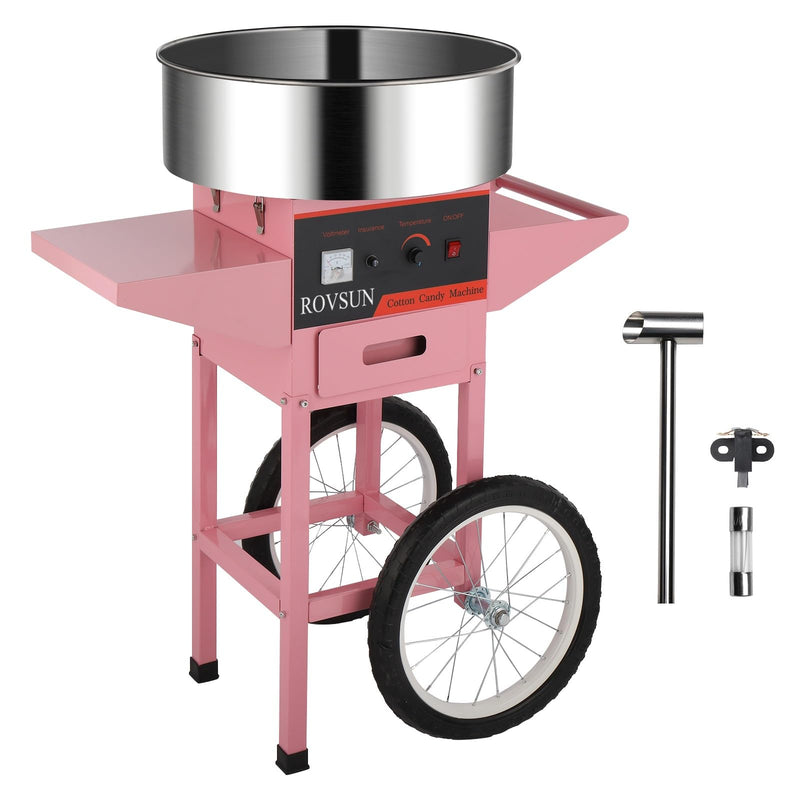 ROVSUN 21 Inch 980W 110V Electric Candy Floss Maker Commercial Cotton Candy Machine Cart on Wheels Pink