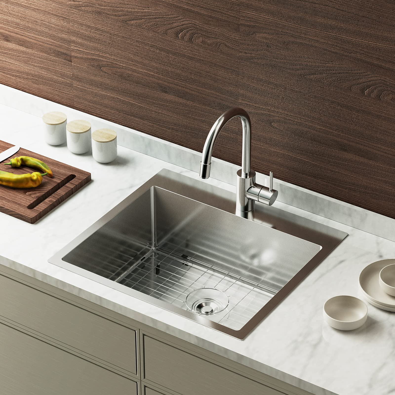 ROVSUN 25" x 22" Drop-in 304 Stainless Steel Sink Kitchen with Protector