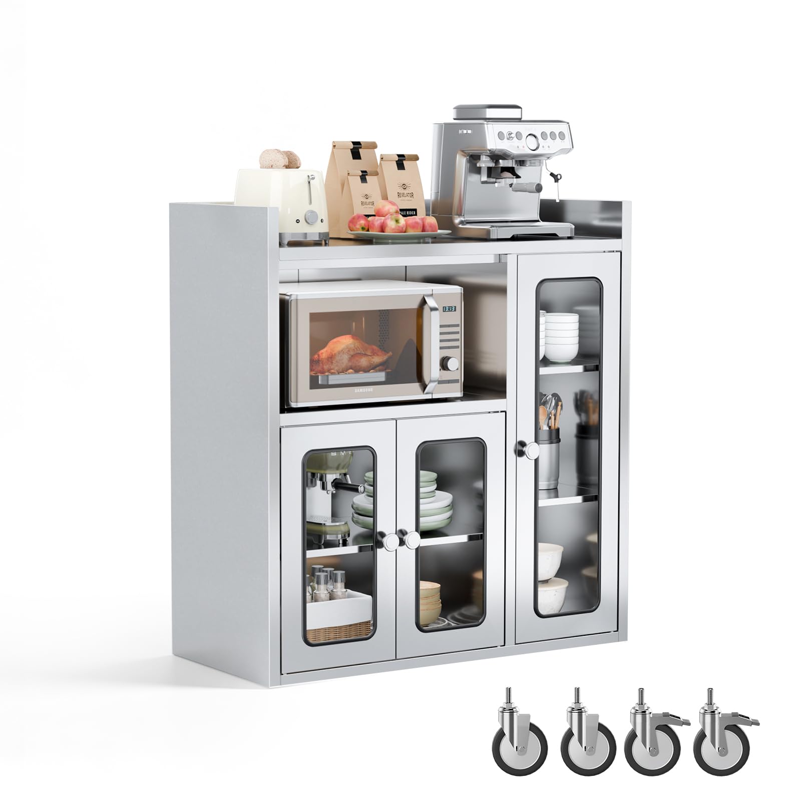 ROVSUN 35" x 16" Stainless Steel Table with Cabinet & Wheels