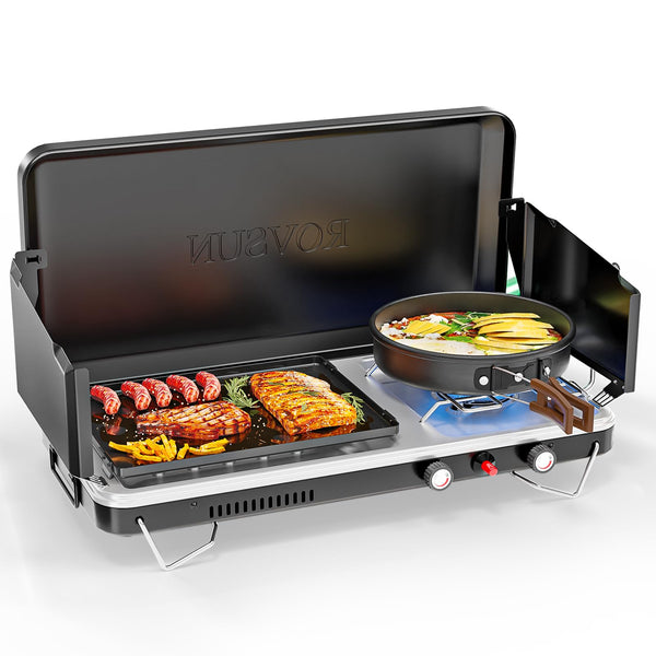 ROVSUN 1 Burner 2-in-1 Portable Propane Grill & Stove Black