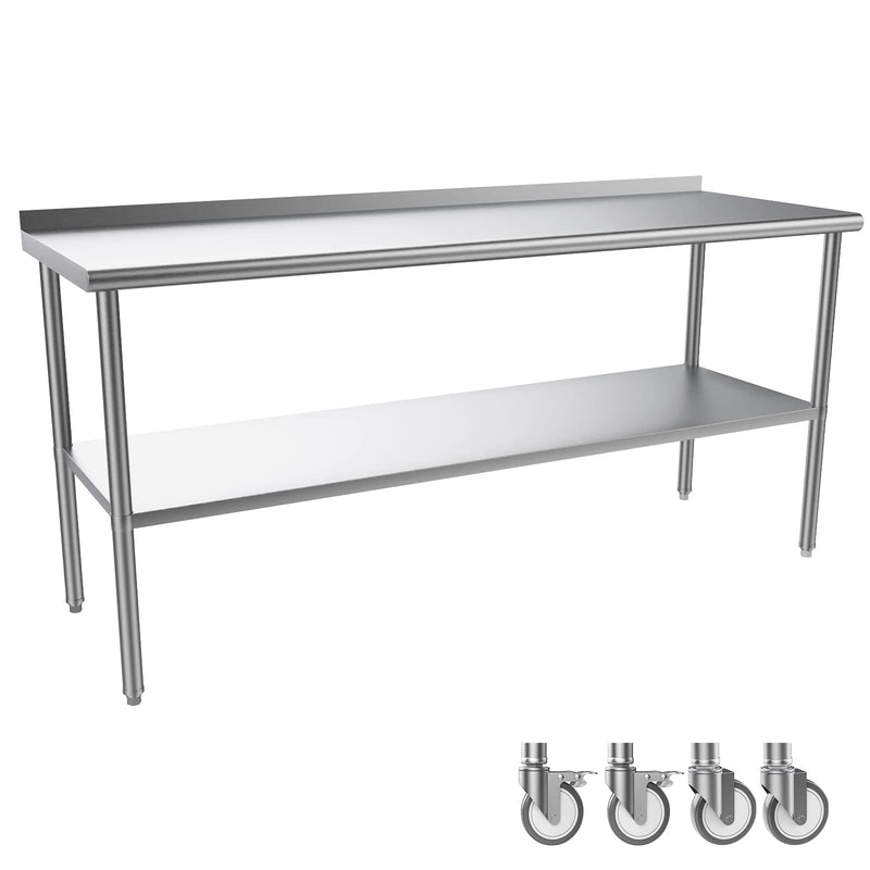 ROVSUN 72 x 24 Inches Kitchen Stainless Steel Table Heavy Duty Prep Work Table with Caster & Backsplash & Undershelf