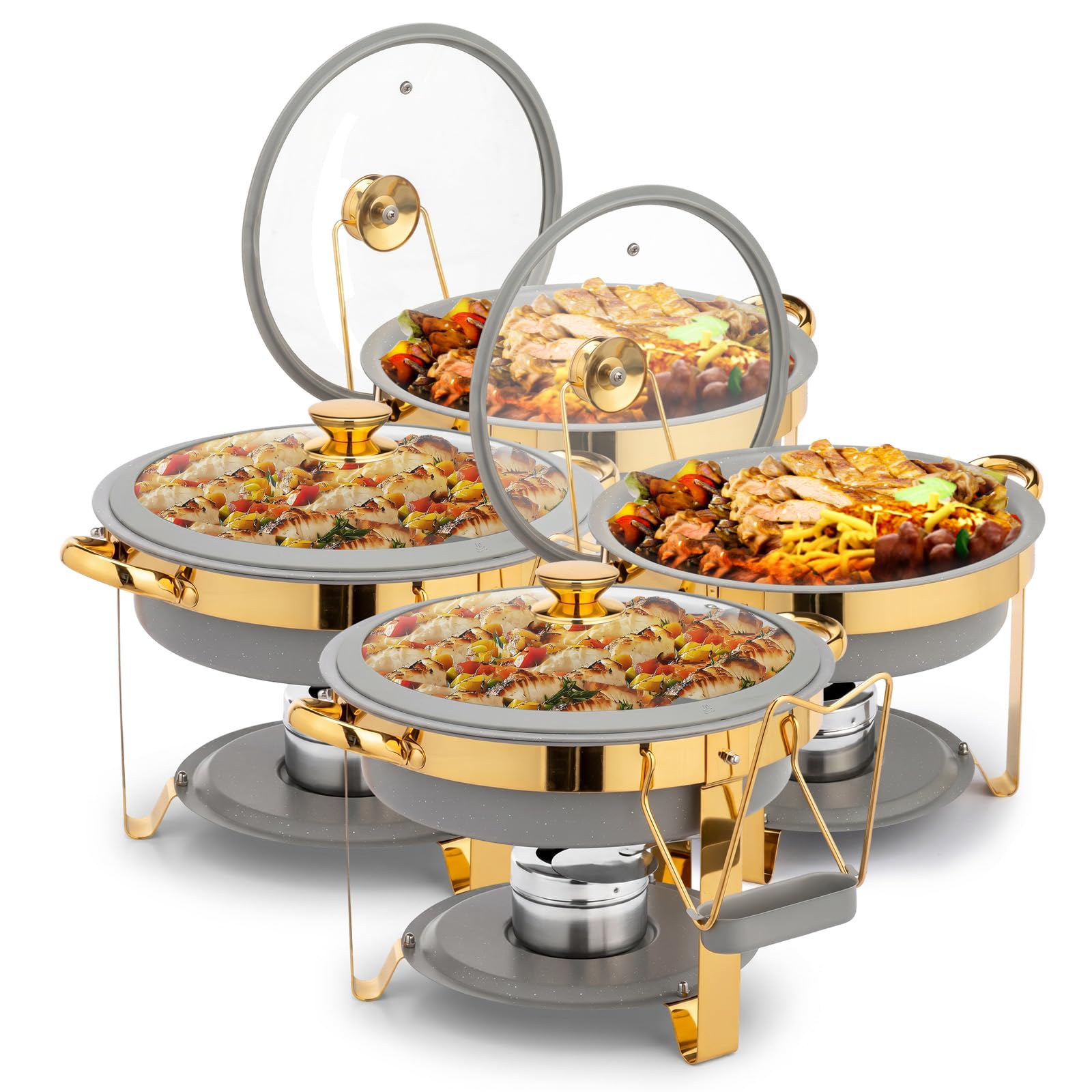 ROVSUN 5 QT Round Gray-Gold Chafing Dish Buffet Set with Lid Holder