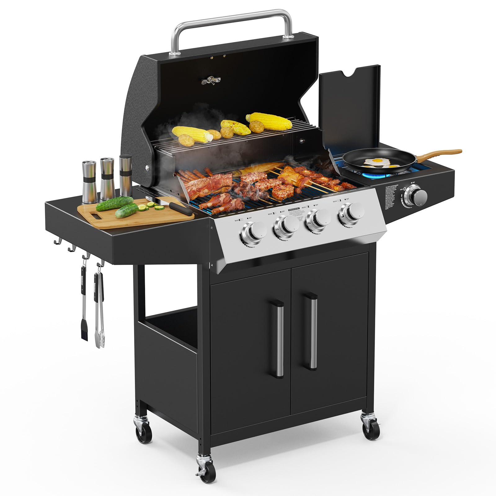 ROVSUN 4-Burner 58000 BTU Propane Grill with Side Burner & Rolling Wheels