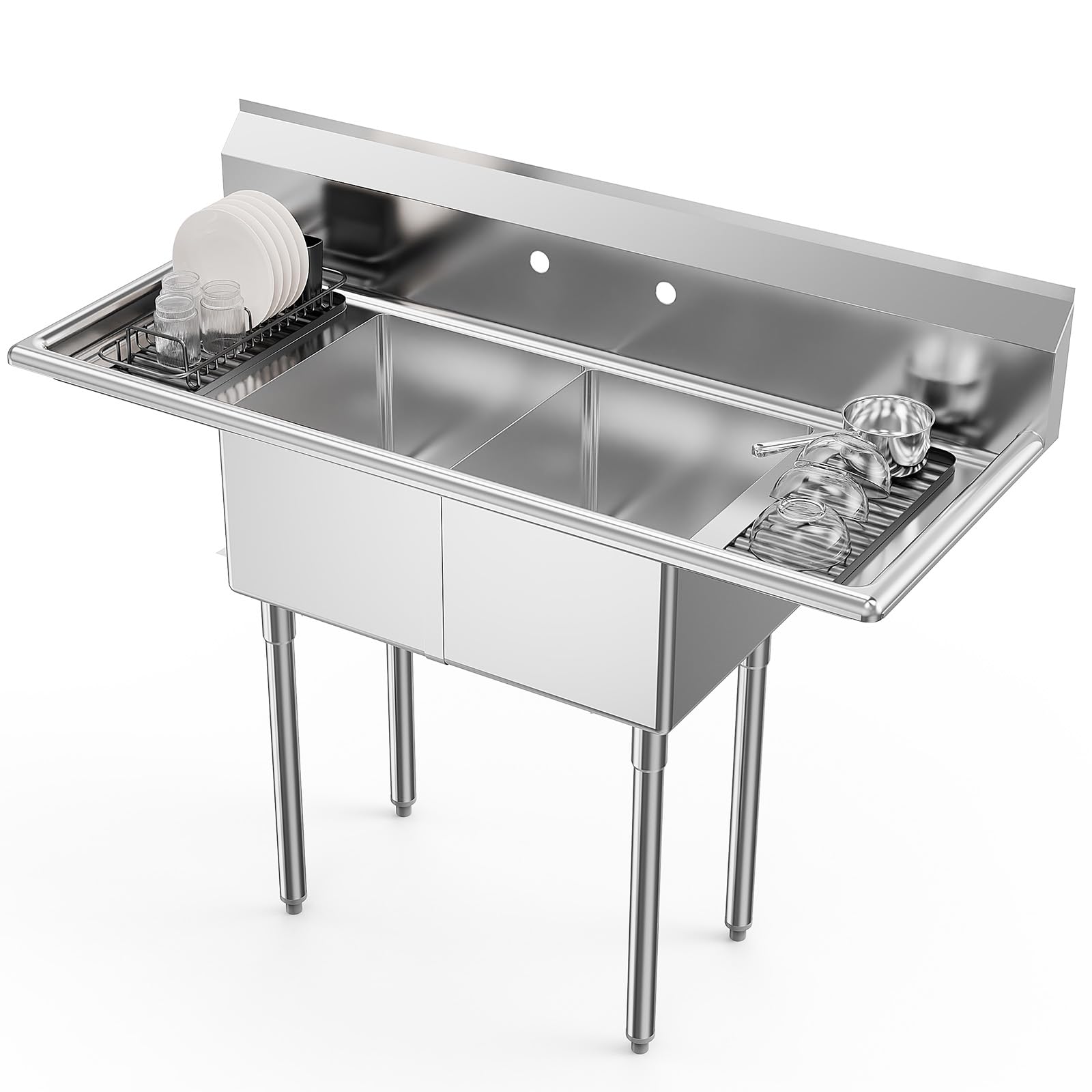 ROVSUN 51" x 20" 2 Compartment 304 Stainless Steel Sink with 2 Drainboards