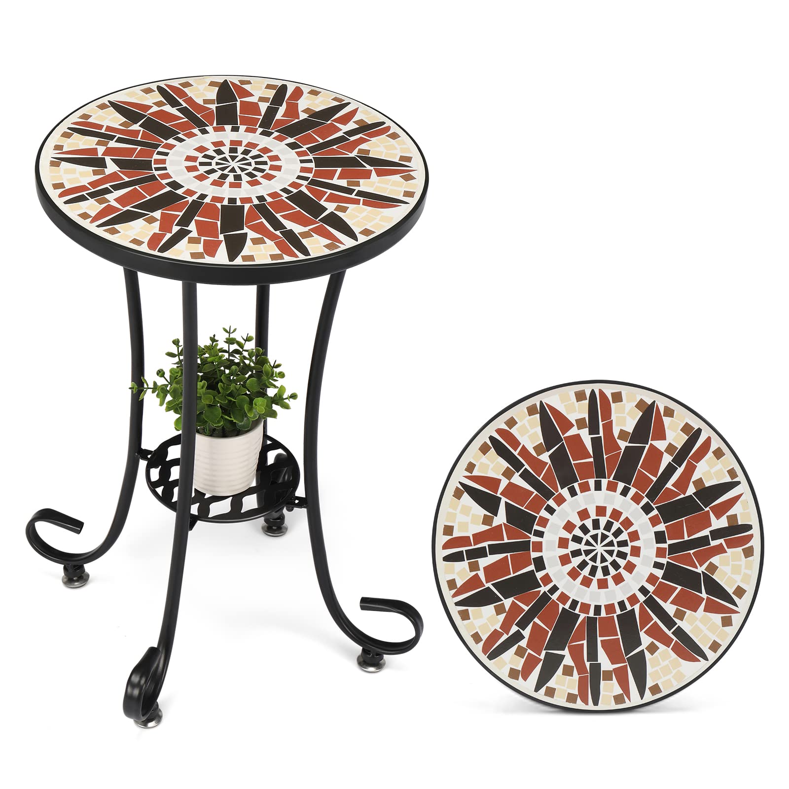 14" Round Mosaic Outdoor Side Table Brown Flower