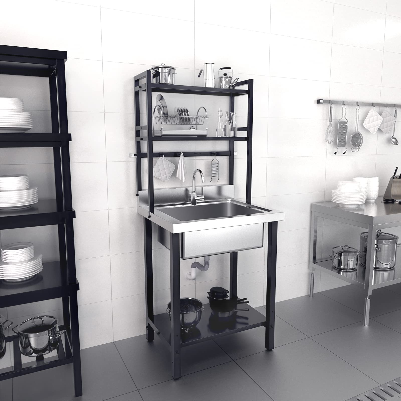 ROVSUN 28" x 24" One Compartment Stainless Steel Sink with Shelves