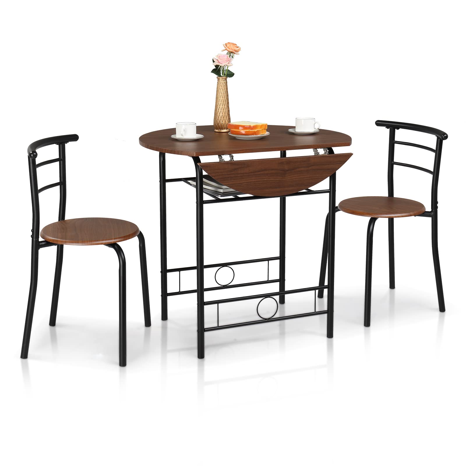 3 Piece Drop Leaf Dining Set Round Folding Table and 2 Chairs Black Brown