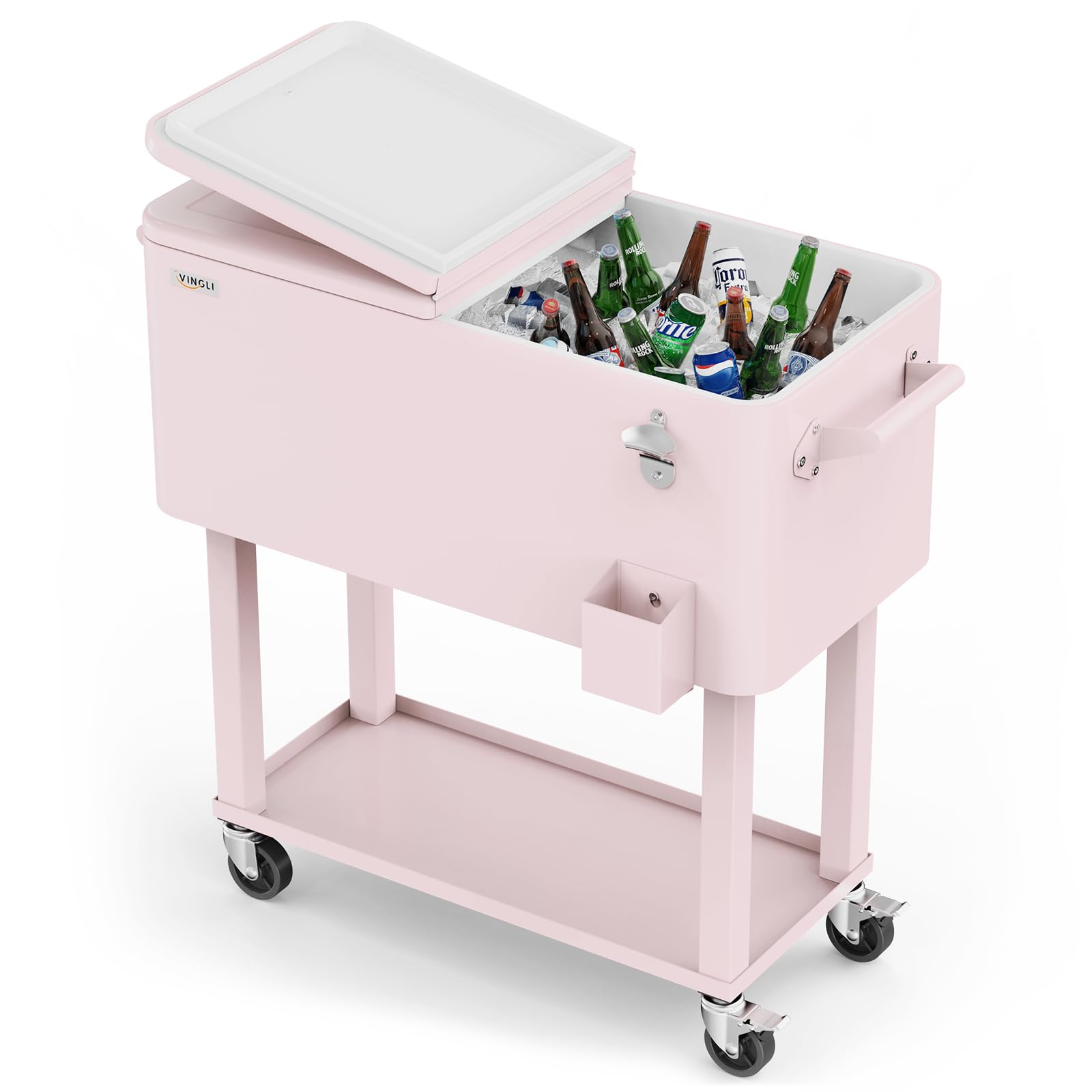 80 Quart Portable Outdoor Patio Rolling Cooler Cart Pink