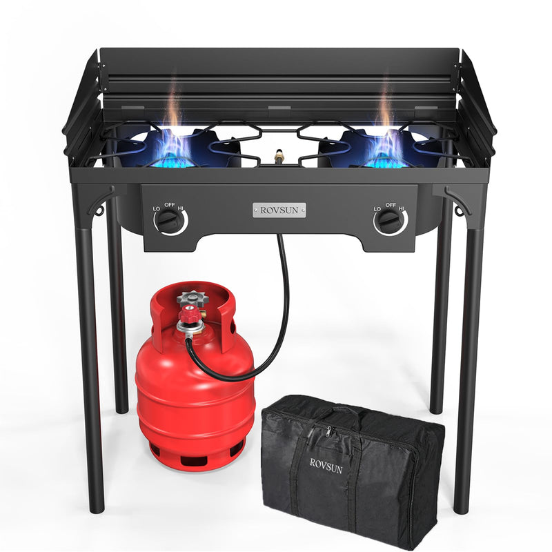 ROVSUN 2 Burner 150000 BTU Outdoor Gas Propane Stove with Windpanel & Carrying Bag for Camping Cooking