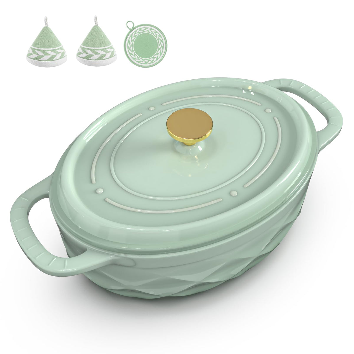 ROVSUN 7.5 QT Oval Enameled Cast Iron Dutch Oven Pot Green