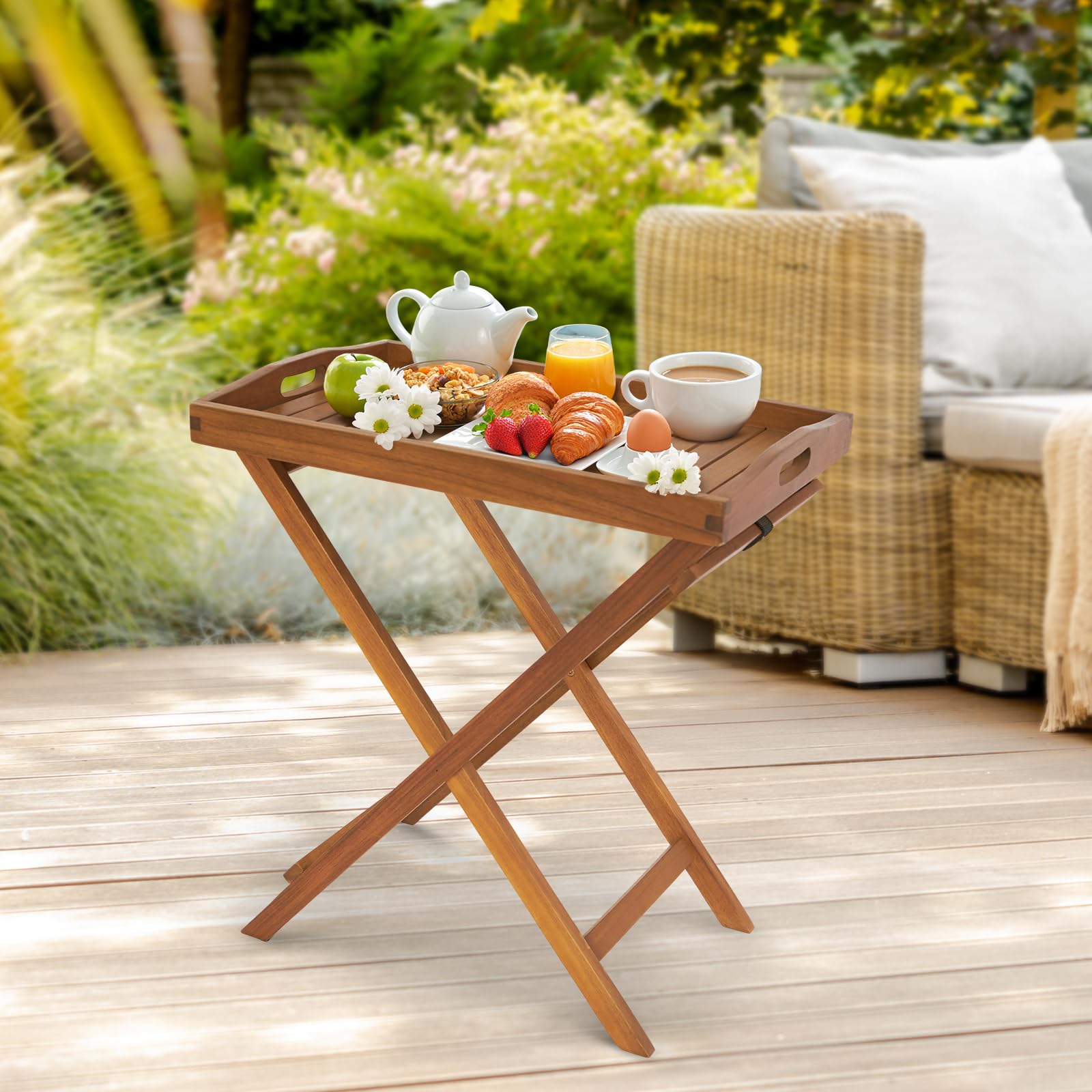 26" FSC Acacia Wooden Folding Table with Removable Tray