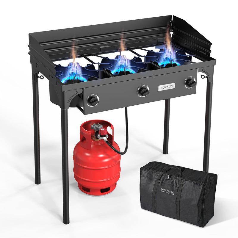 ROVSUN 3 Burner 225000 BTU Outdoor Gas Propane Stove with Windpanel & Carrying Bag for Camping Cooking