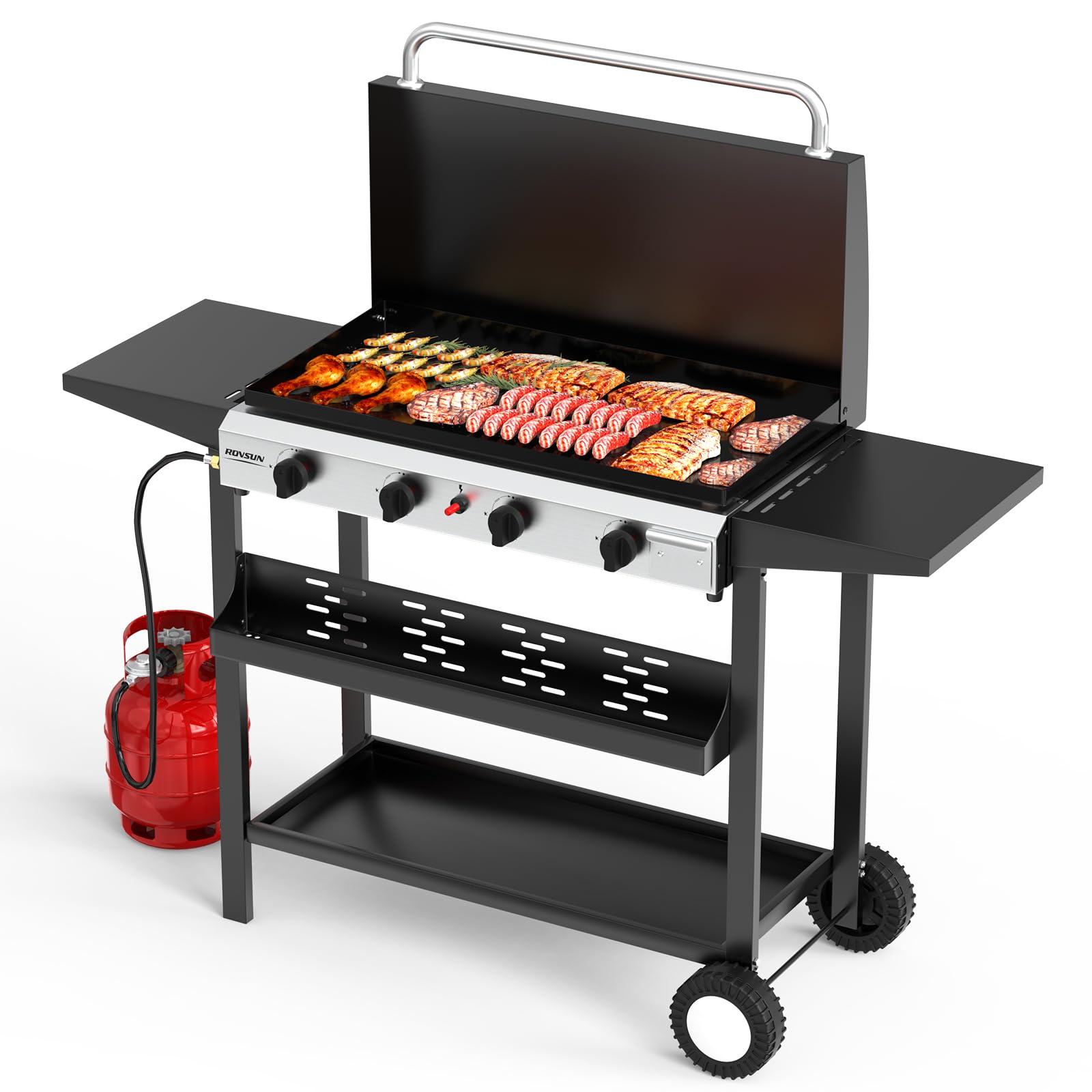 ROVSUN 4 Burner 40,000 BTU Portable Propane Rolling Flat Top Gas Grill with Stand & Lid