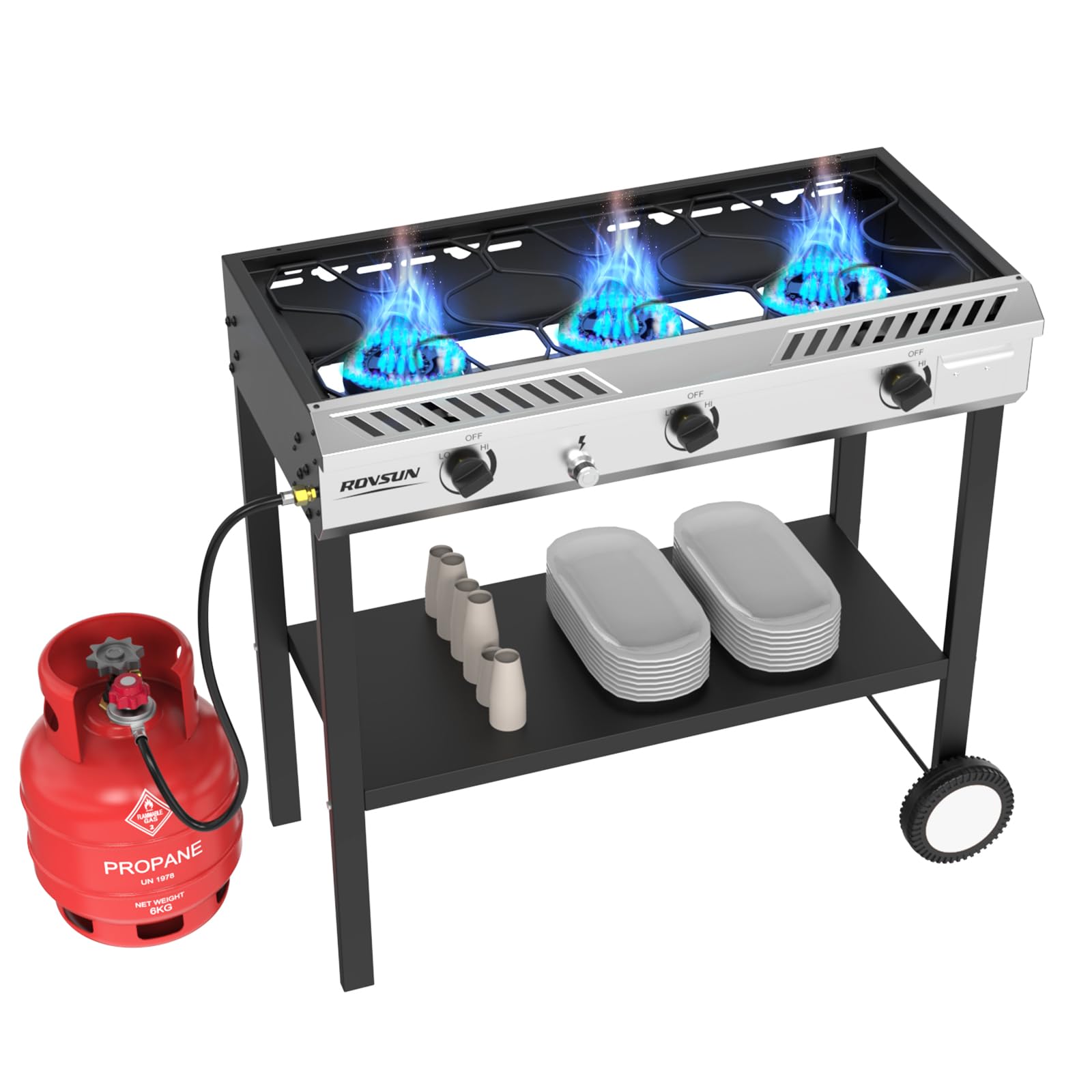 ROVSUN 3 Burner 225,000 BTU Outdoor Gas Propane Stove with Wheels
