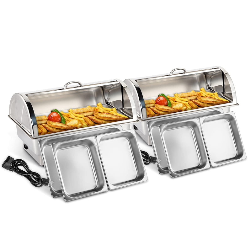 ROVSUN 9 QT Roll Top Stainless Steel Electric Chafing Dish Buffet Set with Full Size & 2 Half Szie Food Pans