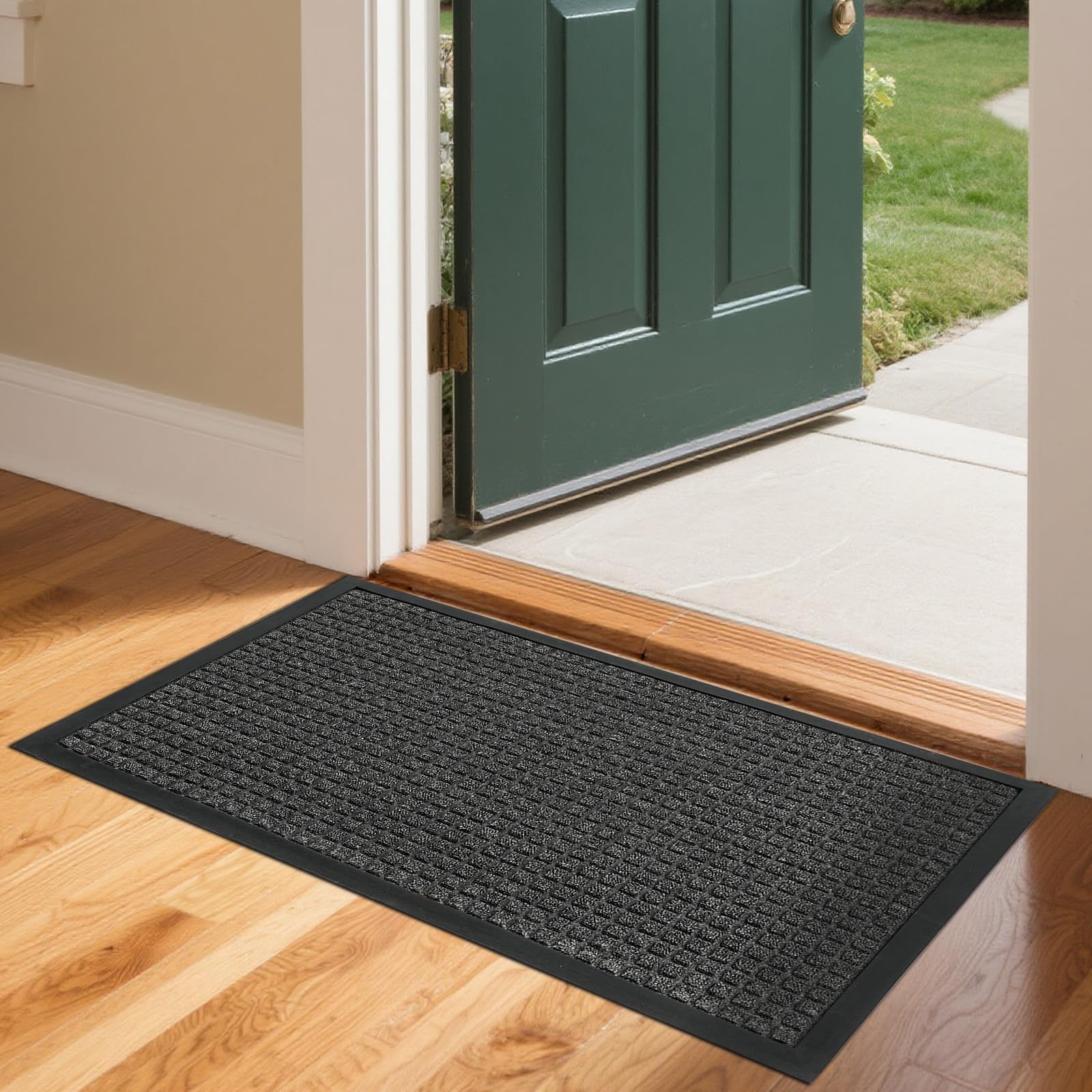 ROVSUN 35.4" × 23.6" Front Door Mat with Square Pattern Non-Slip Grey