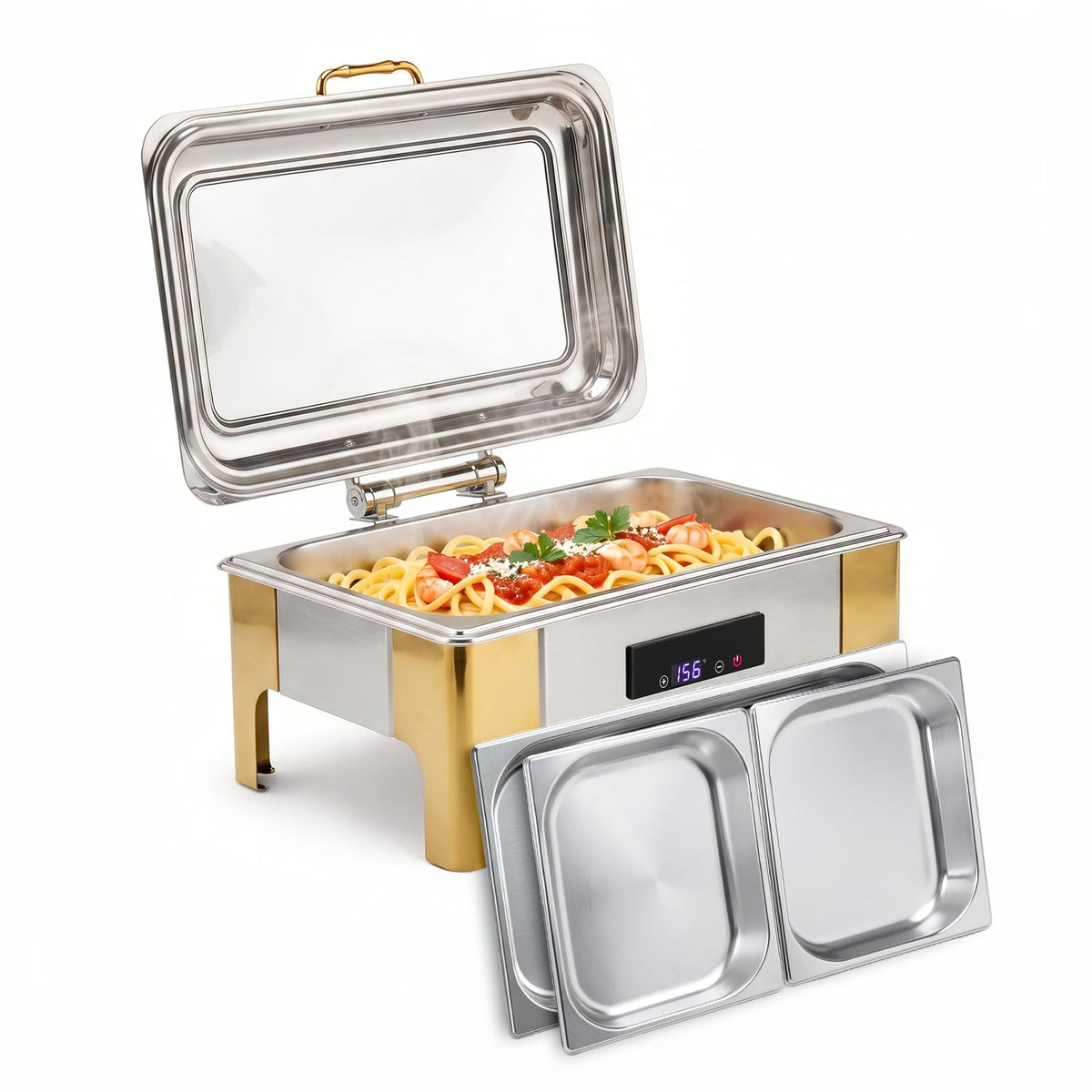 ROVSUN 9 QT Electric Silver-Gold Chafing Dish Buffet Set with Temp Display