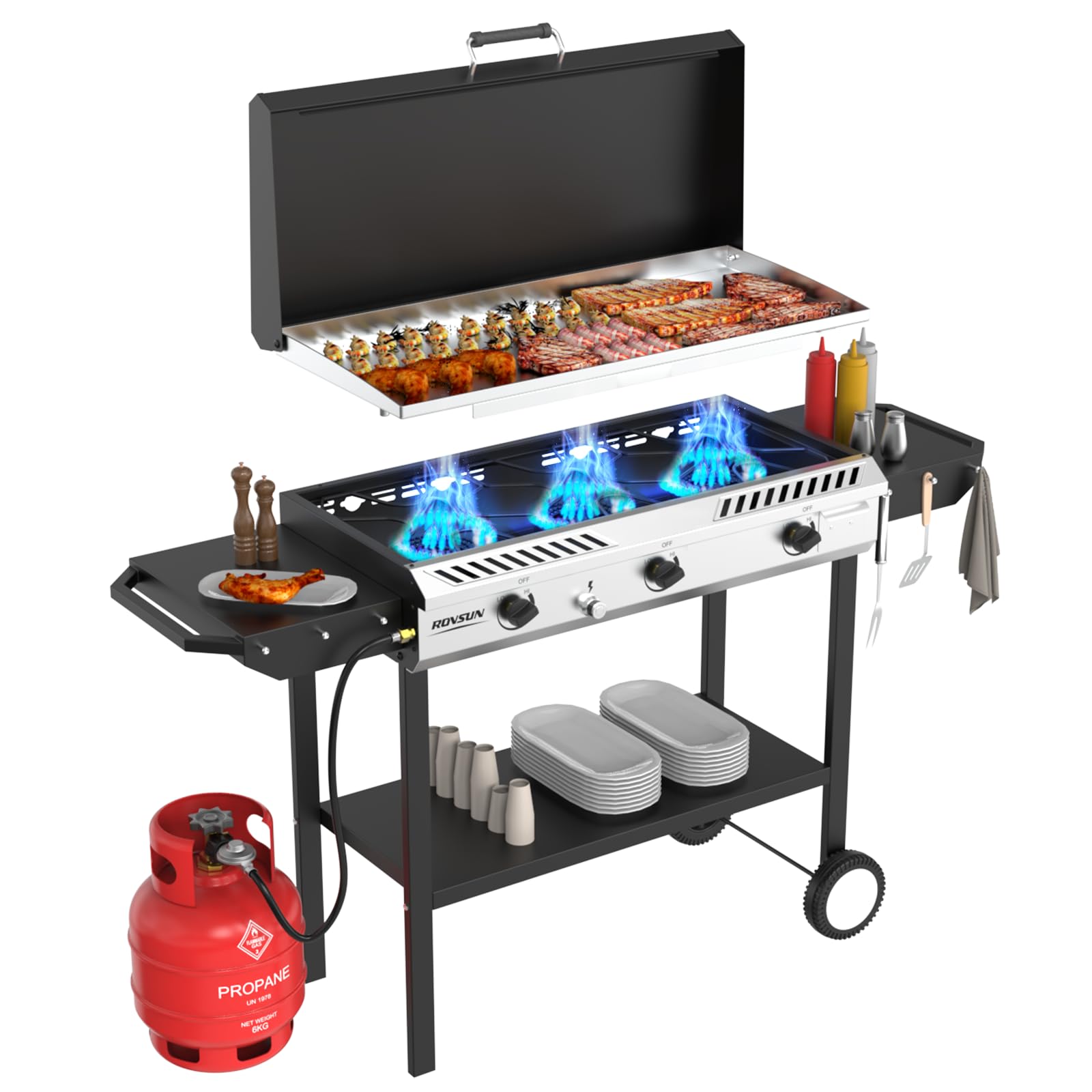 ROVSUN 3 Burner 225,000 BTU Outdoor Gas Propane Stove with Griddle, Side Shelves & Wheels