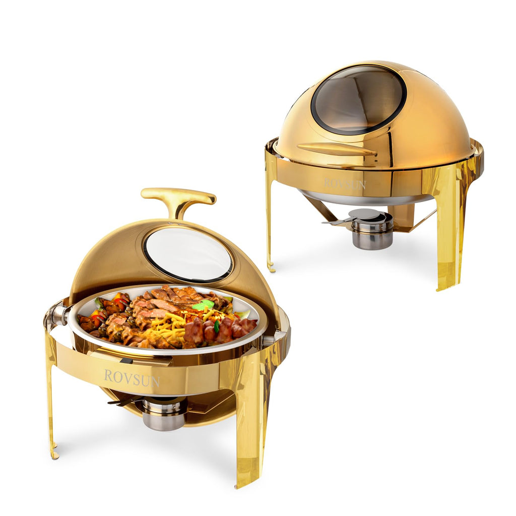 ROVSUN 6 QT Gold Roll Top Round Chafing Dish Set For Catering Buffet rovsun-6-qt-gold-roll-top-round-chafing-dish-set-for-catering-buffet