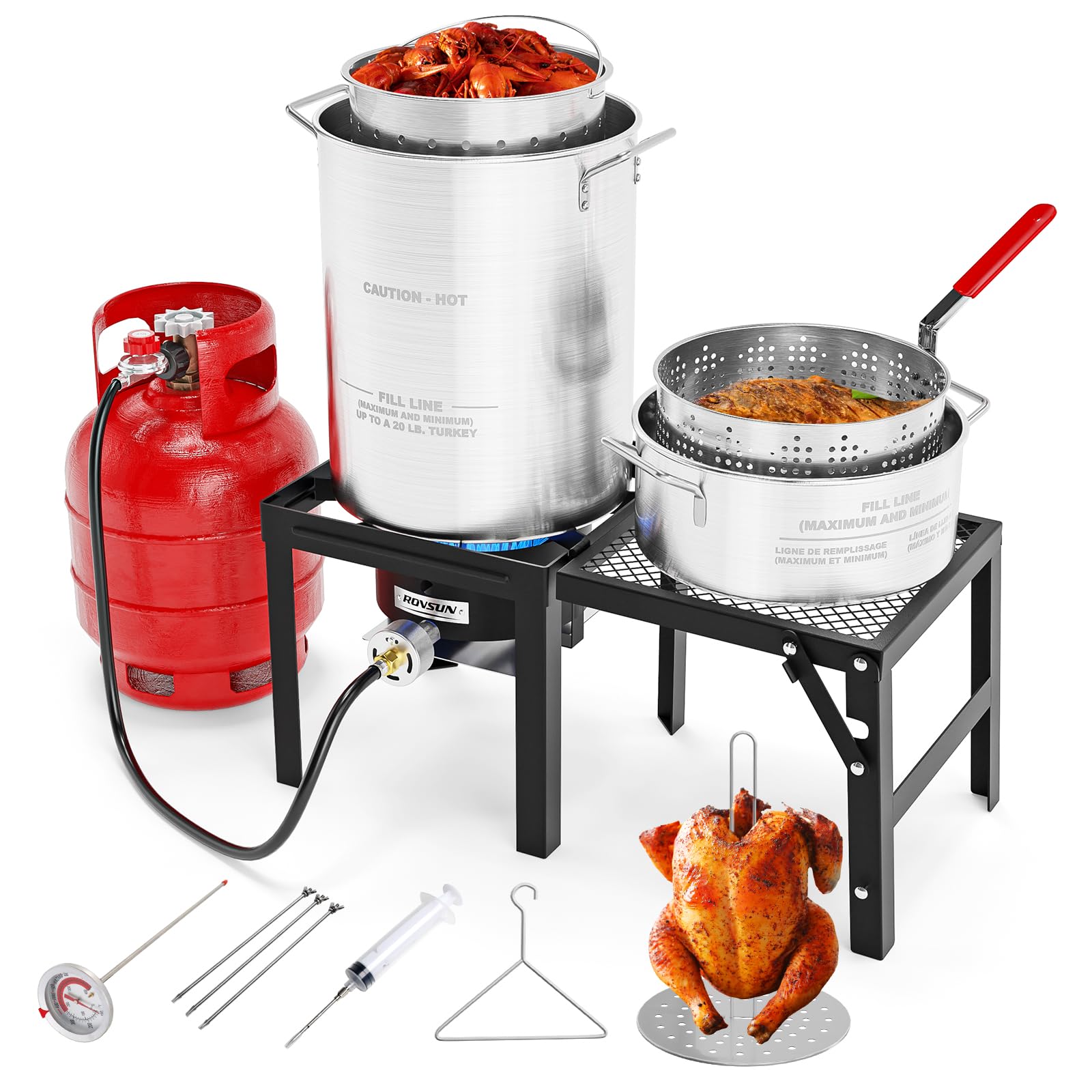 ROVSUN 30 QT Turkey Fryer & 10 QT Fish Fryer Kit with 55000BTU Propane Stove & Foldable Side Table