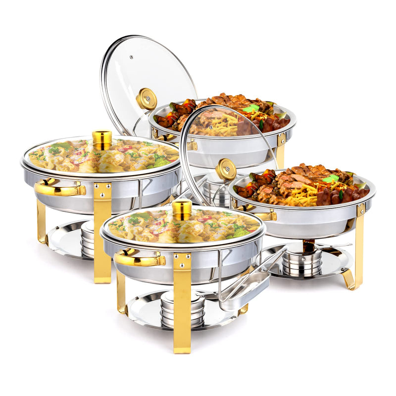 ROVSUN 5 QT Round Chafing Dish Buffet Set Gold Accent Warmer Chafers with Glass Lid & Lid Holder 2/4/6 Packs