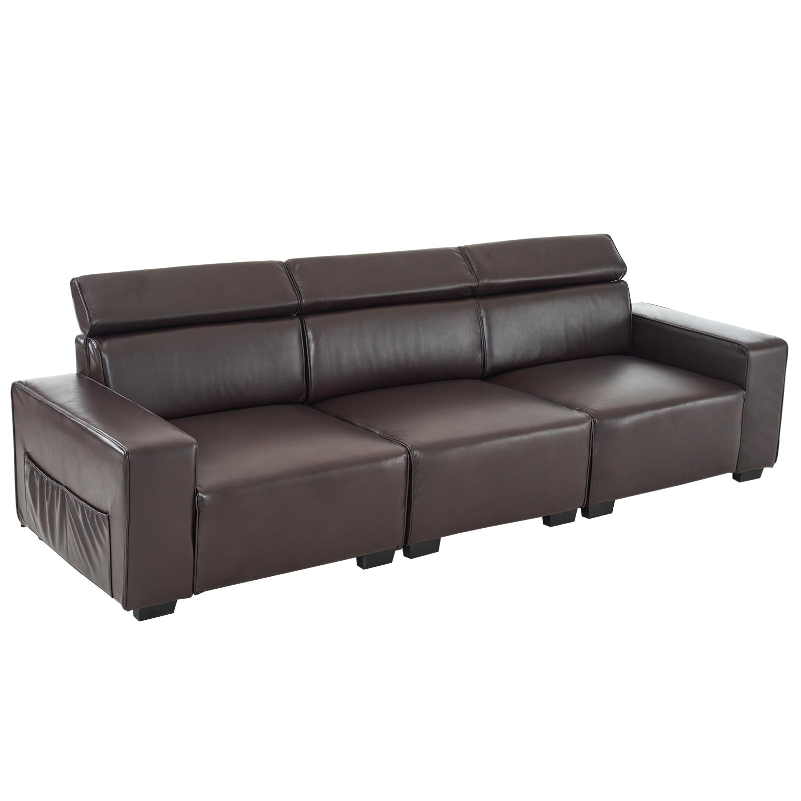 115" 3 Seater Waiting Sofa with Adjustable Headrest PU Leather Brown