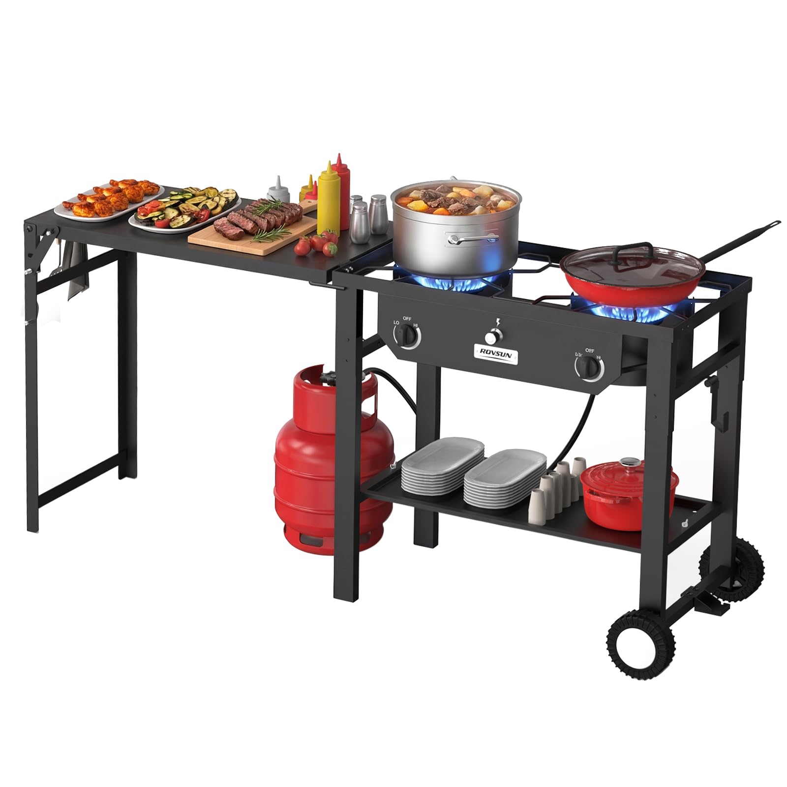 ROVSUN 2-Burner 150000 BTU Outdoor Camping Propane Stove with Foldable Work Station
