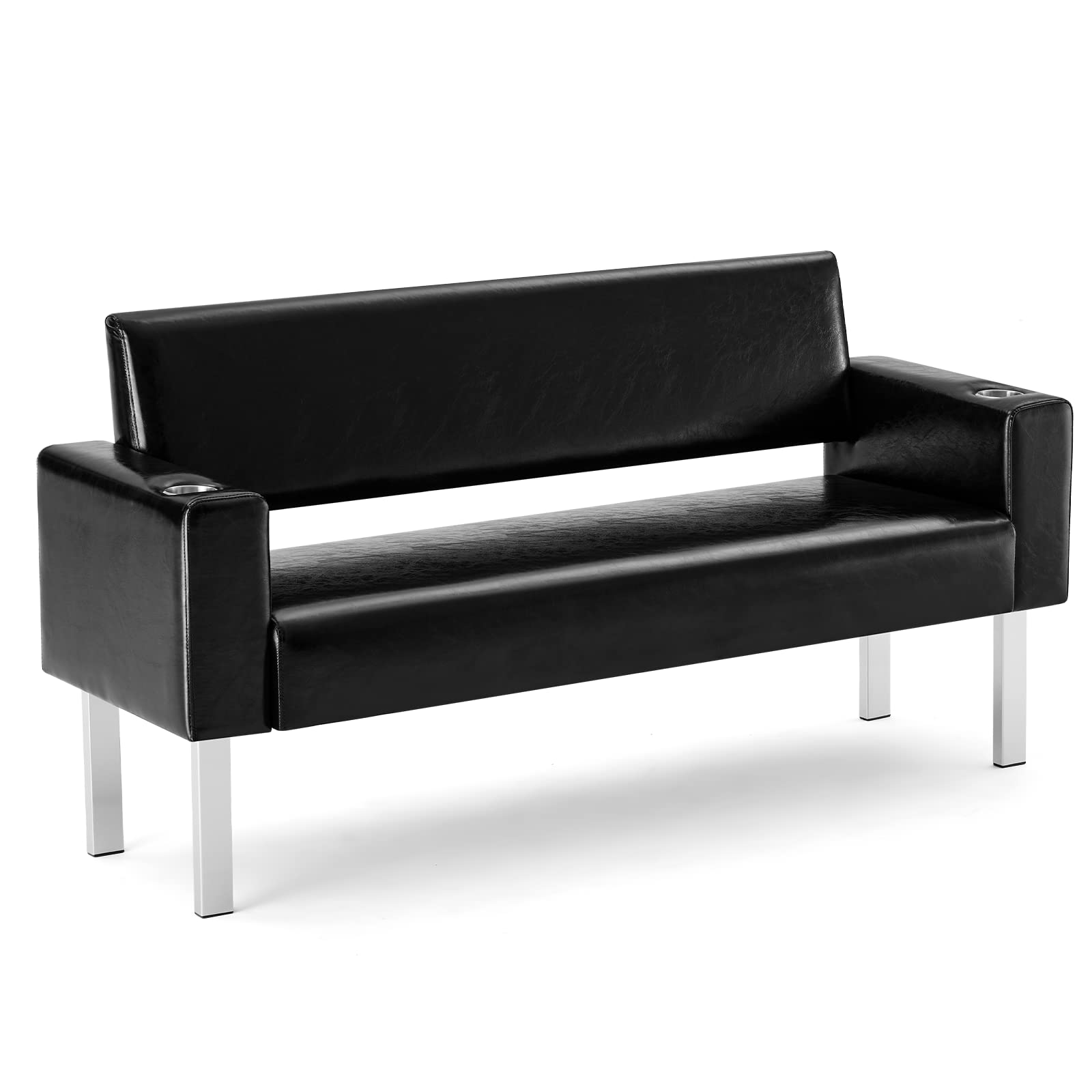 60.6" Waiting Chair Bench Seating Faux Leather with 2 Cup Holder Black