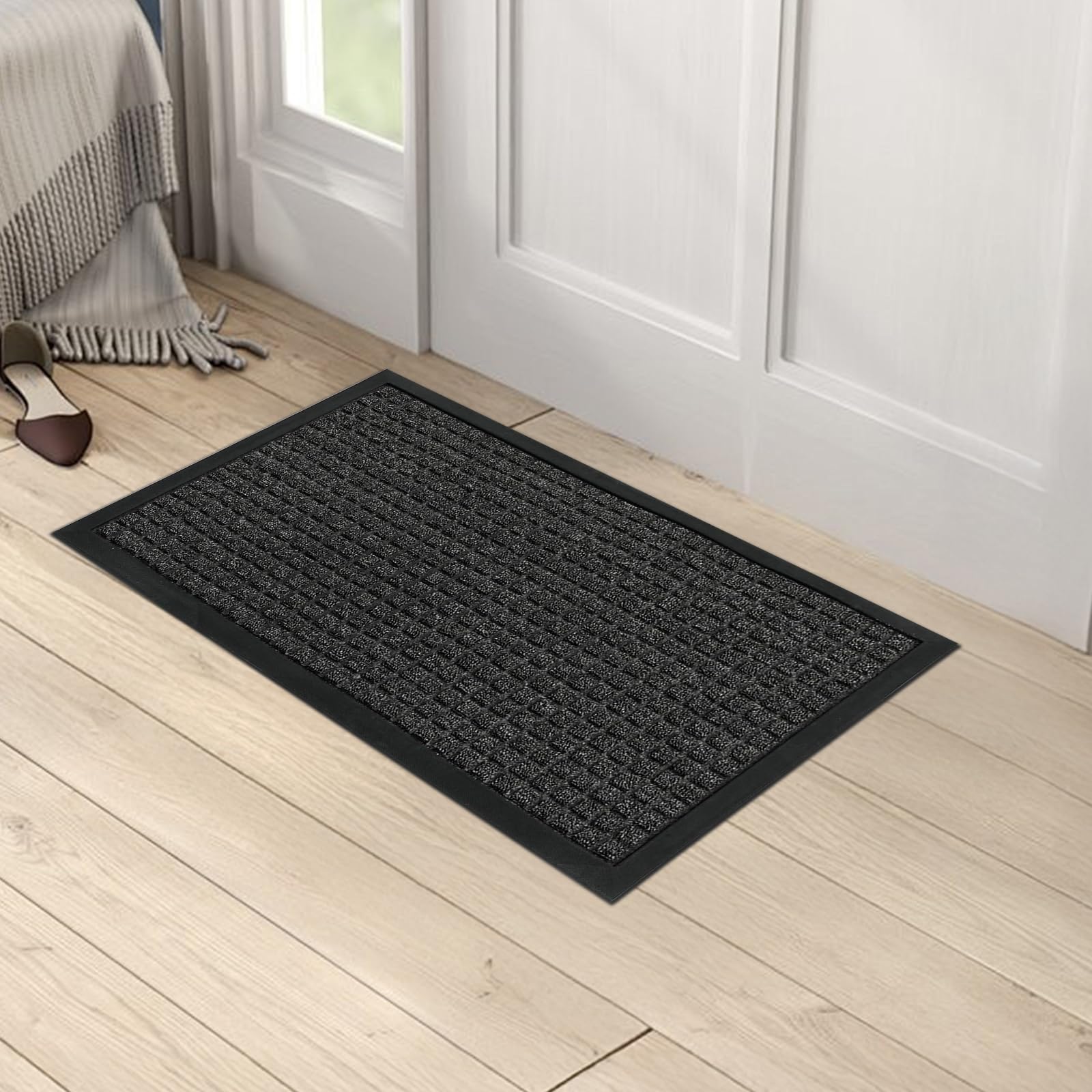 ROVSUN 29.5" × 17.7" Front Door Mat with Square Pattern Non-Slip Grey