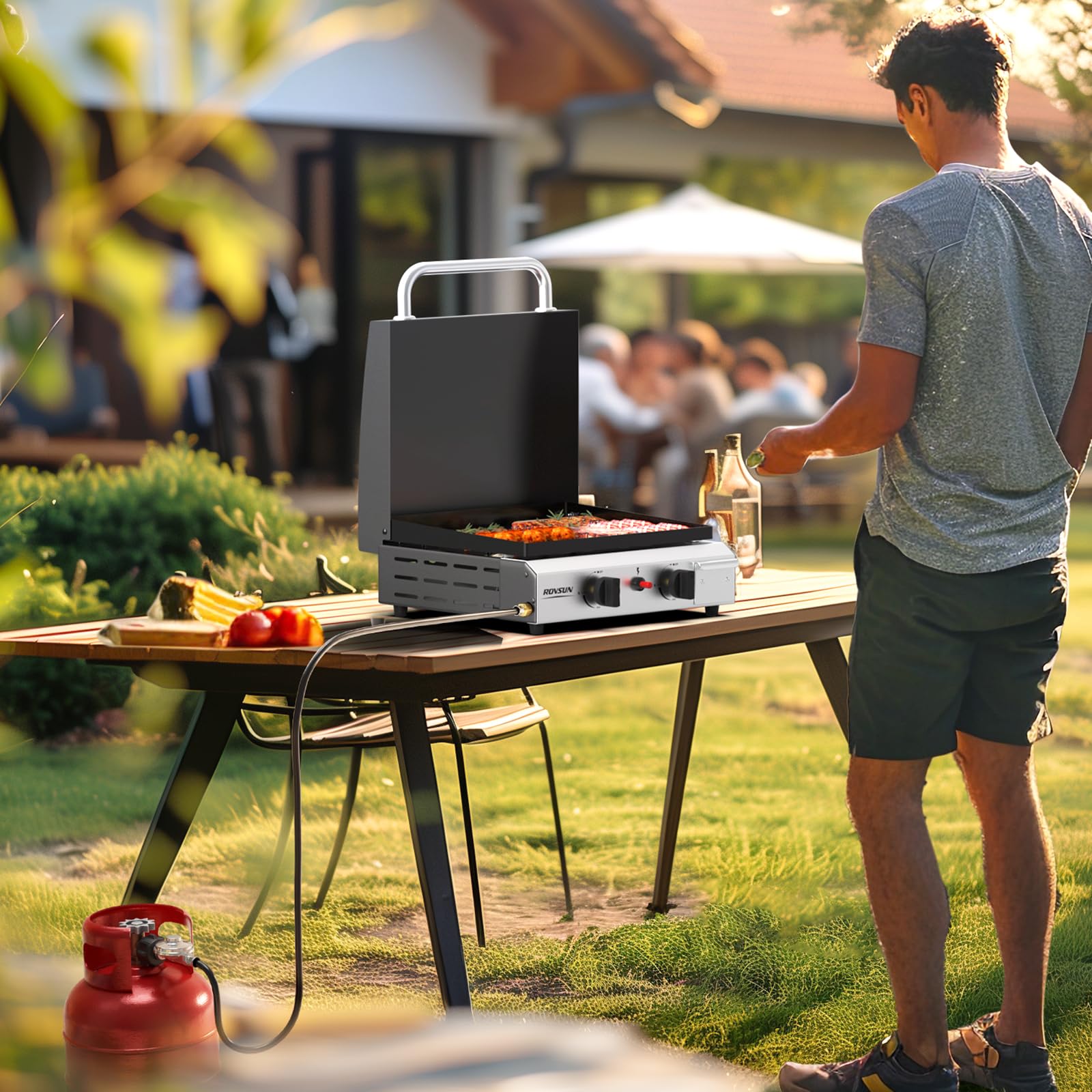 ROVSUN 2 Burner 20,000 BTU Portable Propane Tabletop Flat Top Gas Grill with Lid