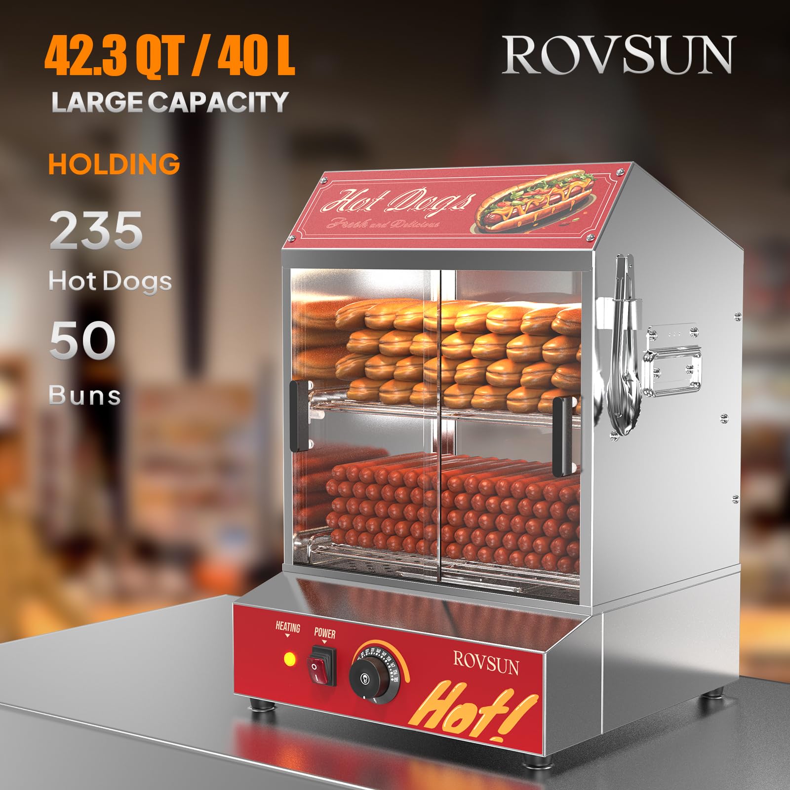 ROVSUN 42.3 QT 500W 110V 235 Hot Dogs / 50 Buns Hot Dog Steamer
