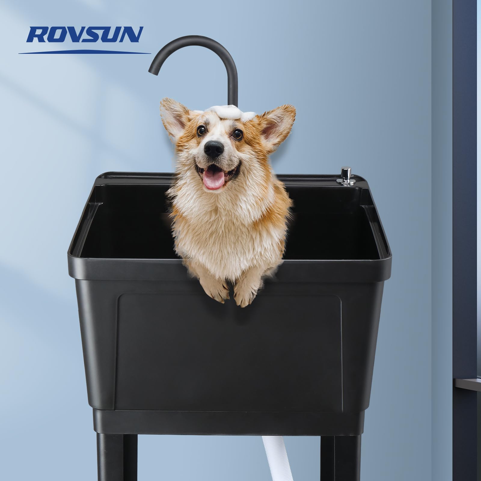 ROVSUN 24" x 24" Plastic Utility Sink with Storage Shelf Black