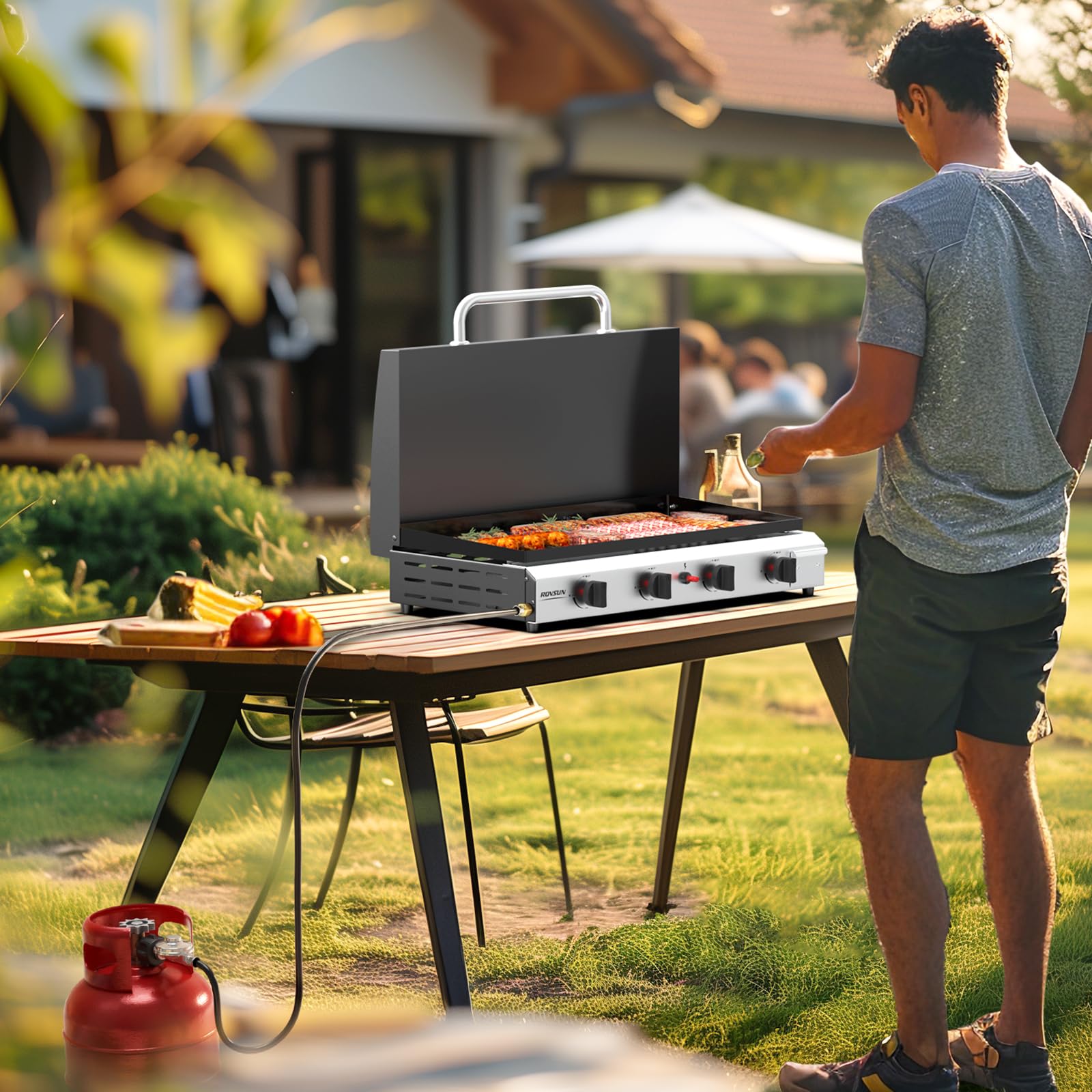 ROVSUN 4 Burner 40,000 BTU Portable Propane Tabletop Flat Top Gas Grill with Lid
