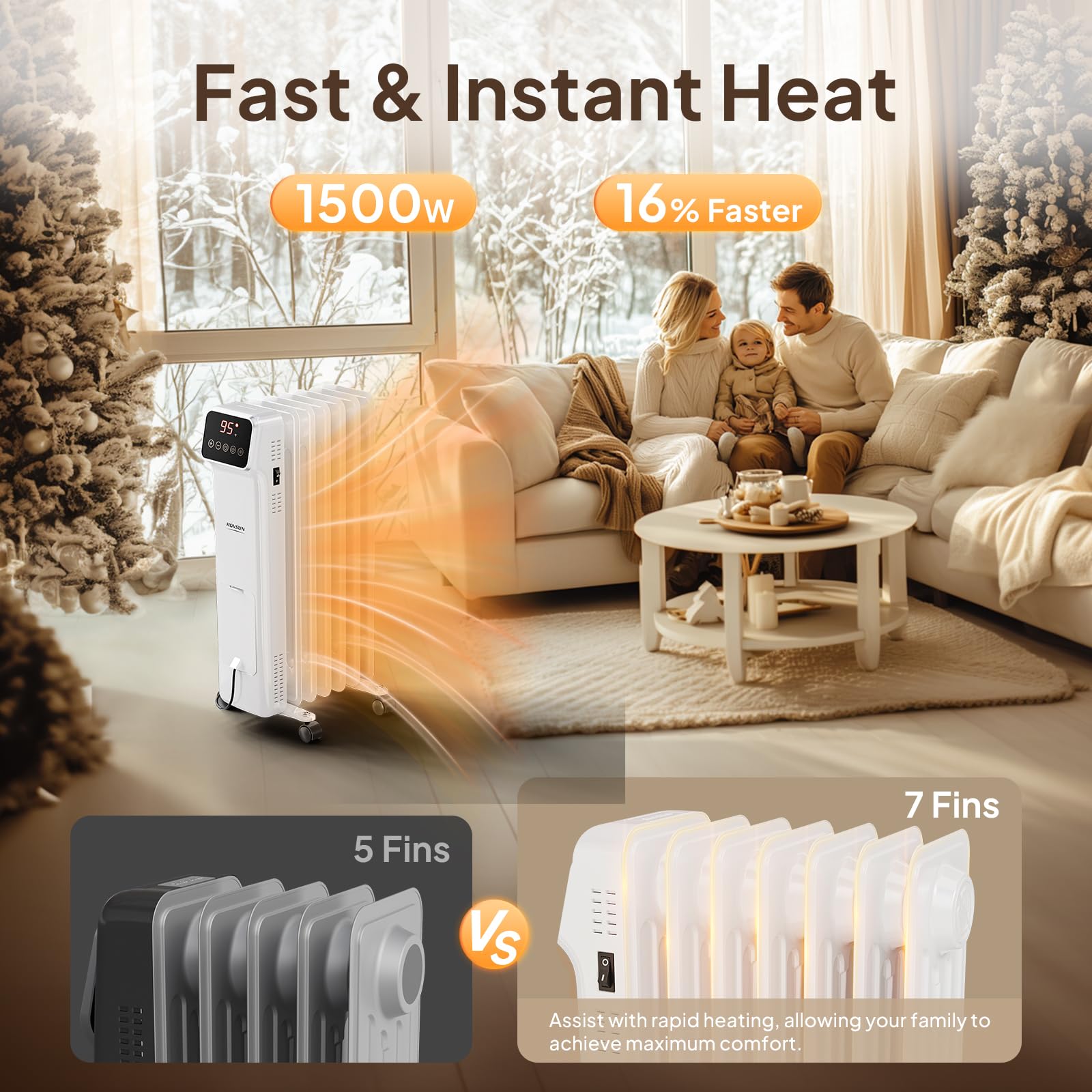 ROVSUN 1500W 120V Oil Filled Radiator Heater with Remote & APP White