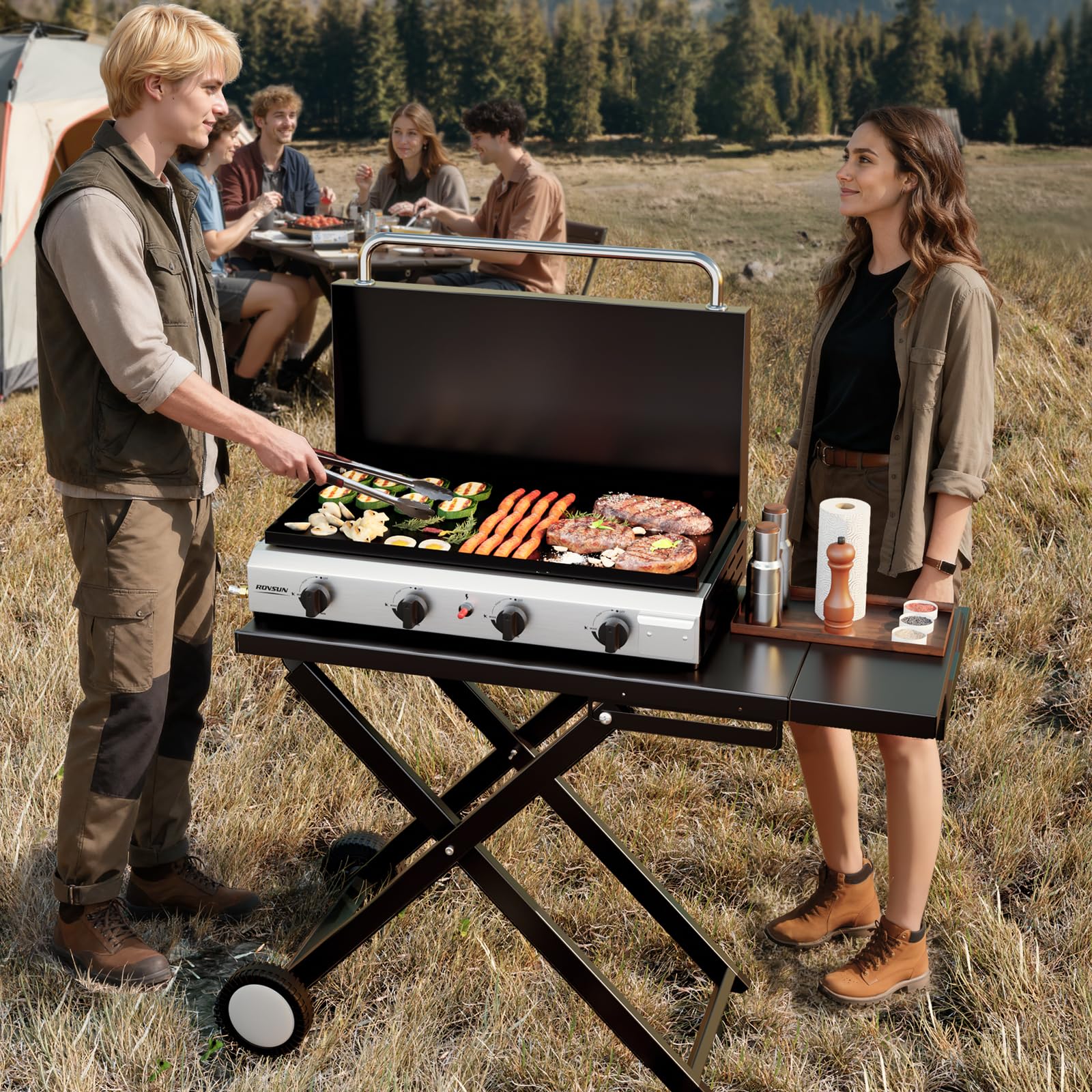 ROVSUN 4-Burner 40,000 BTU Foldable Propane Griddle with Wheels & Lid