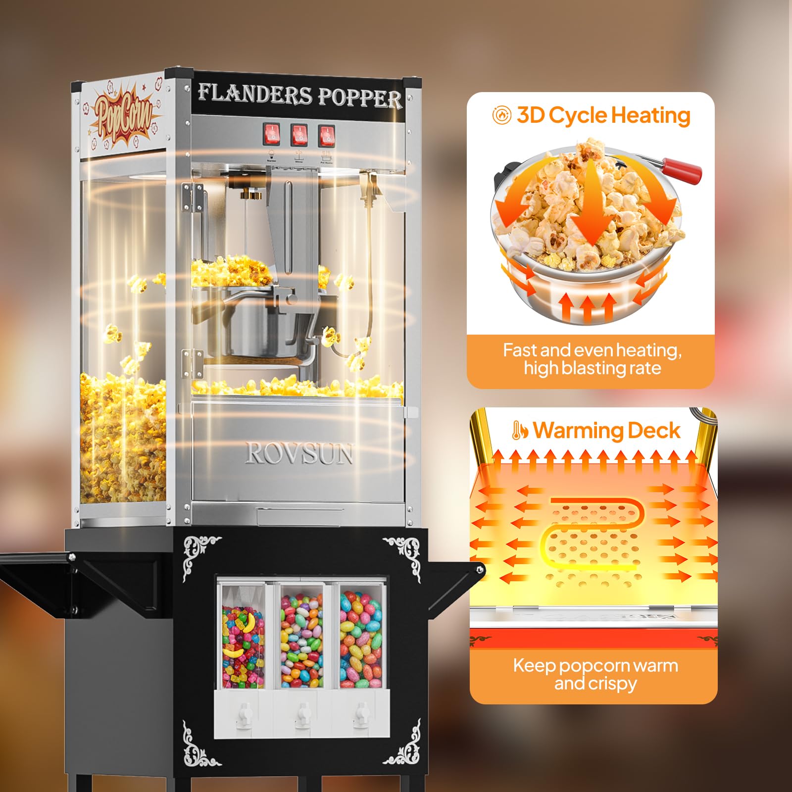 ROVSUN 10 oz Kettle 800W 120V Popcorn Machine Cart with Candy Dispenser Black