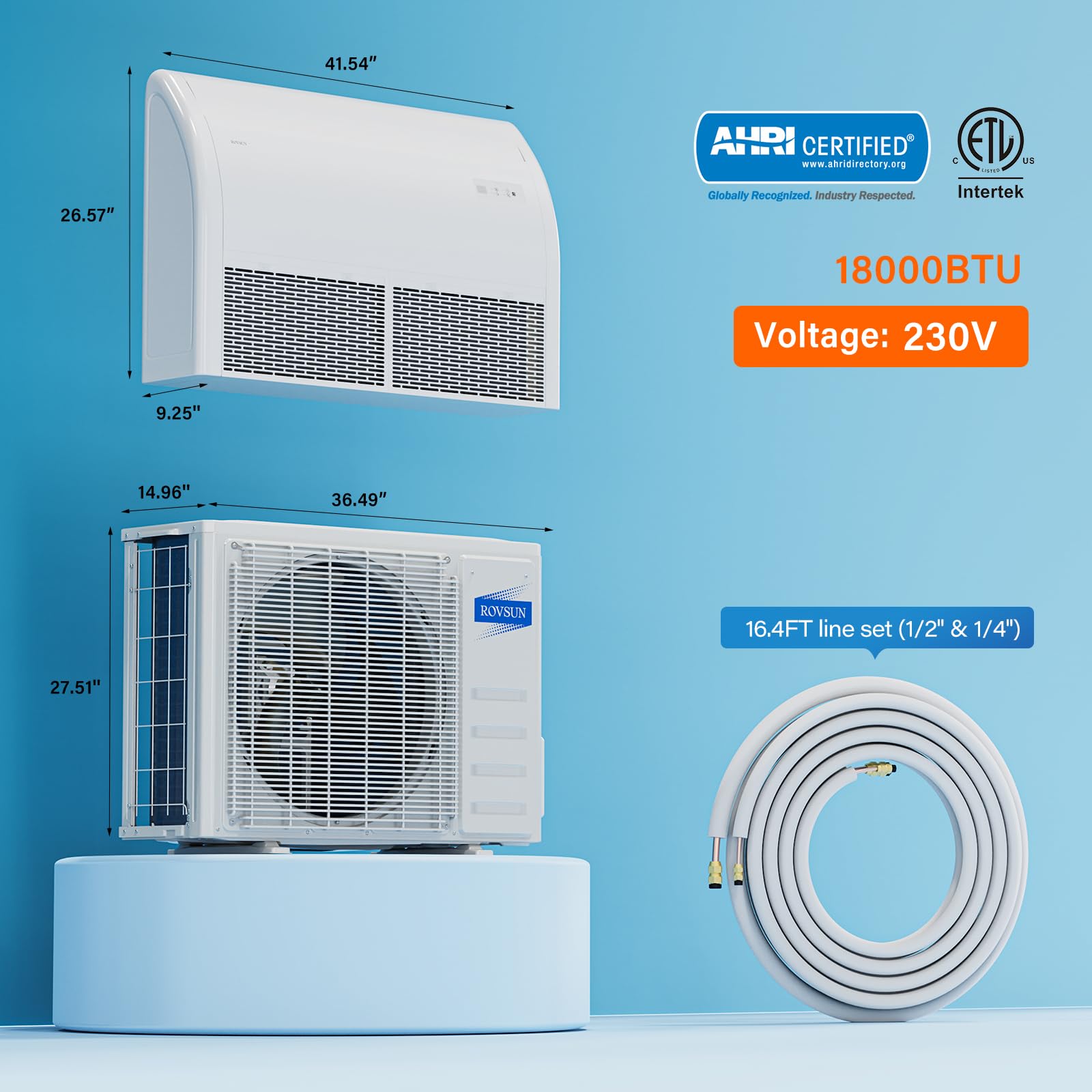 ROVSUN 18,000 BTU 23 SEER2 230V Floor Ceiling Mini Split with Heat Pump & Install Kit