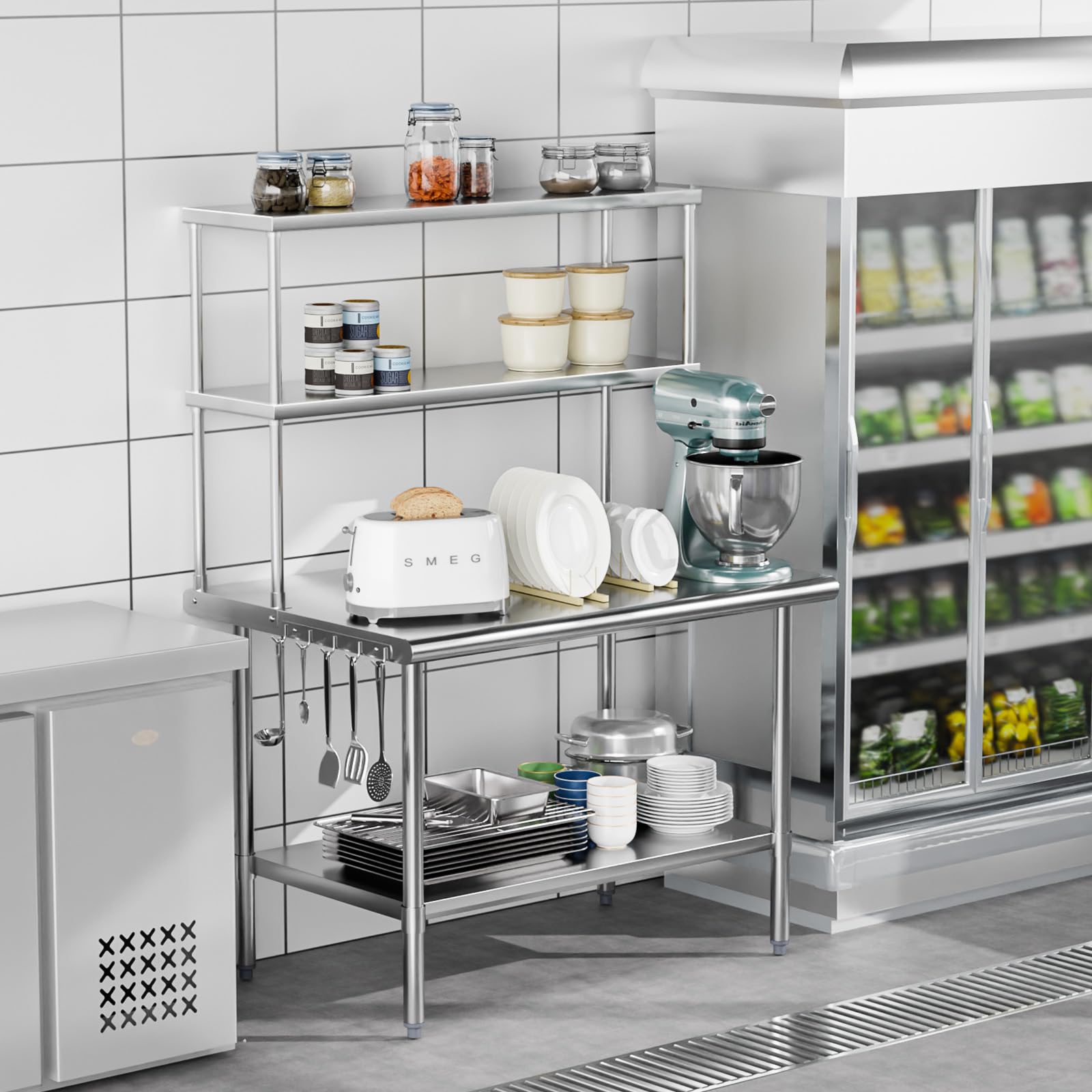 ROVSUN 48" X 30" Stainless Steel Table with Overshelves