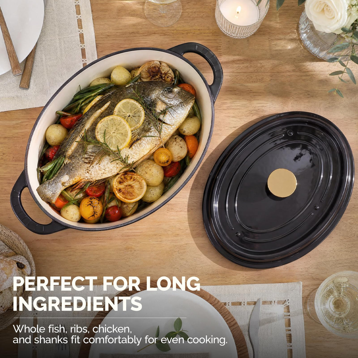 ROVSUN 7.5 QT Oval Enameled Cast Iron Dutch Oven Pot Black