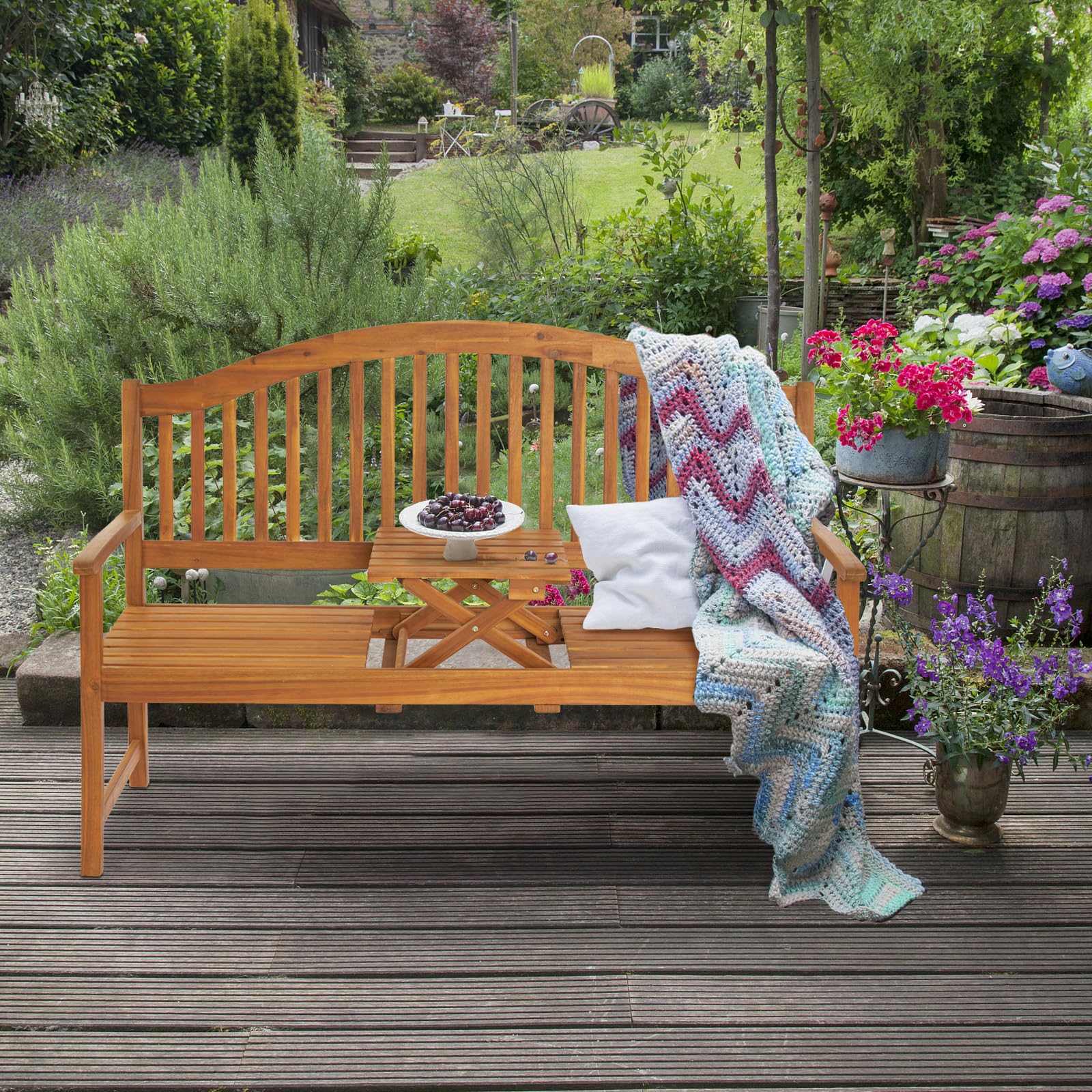 59" Outdoor Bench Wood with Built in Table